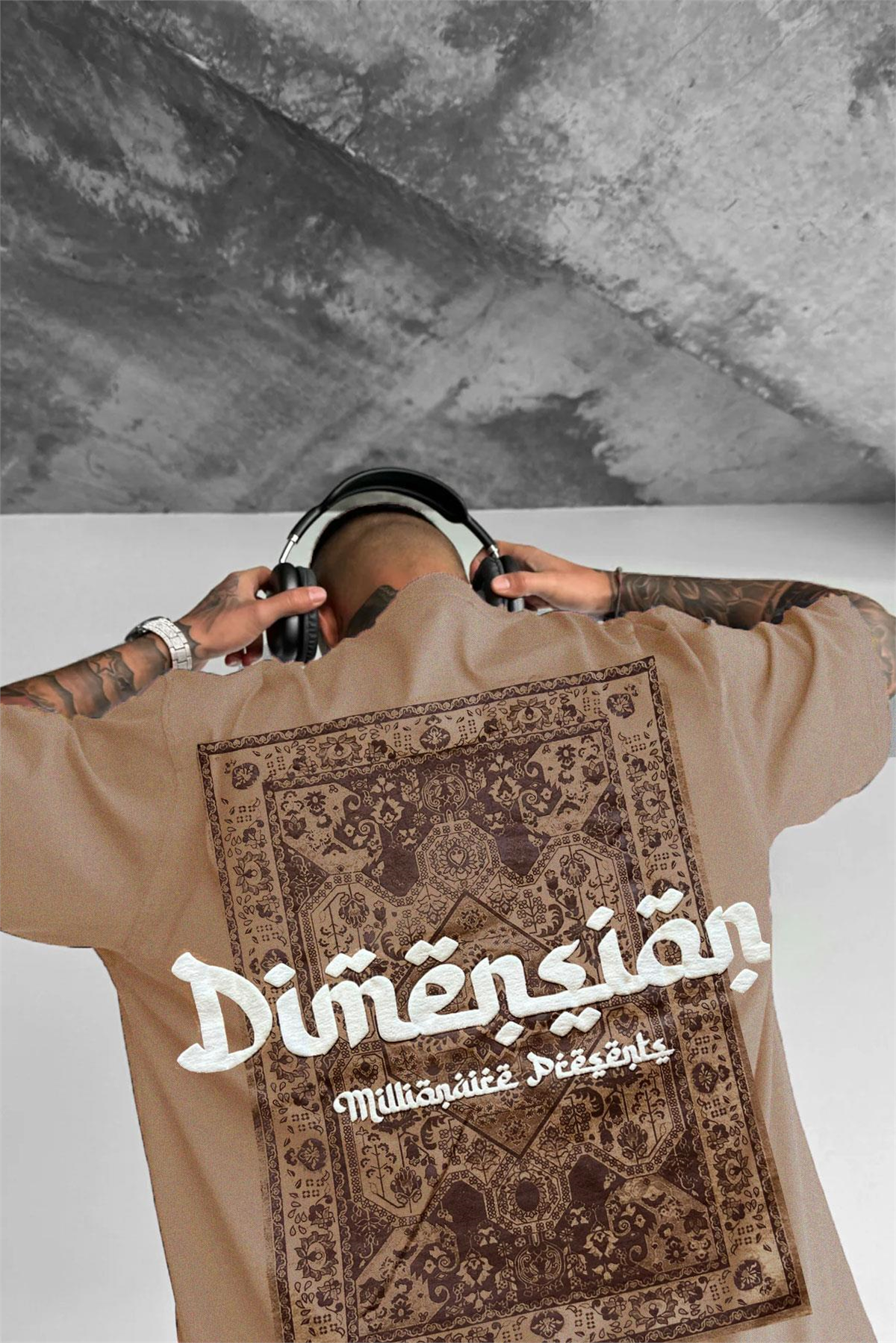 Erkek Dimension Baskılı Camel Bisiklet Yaka Oversize Salaş T-Shirt