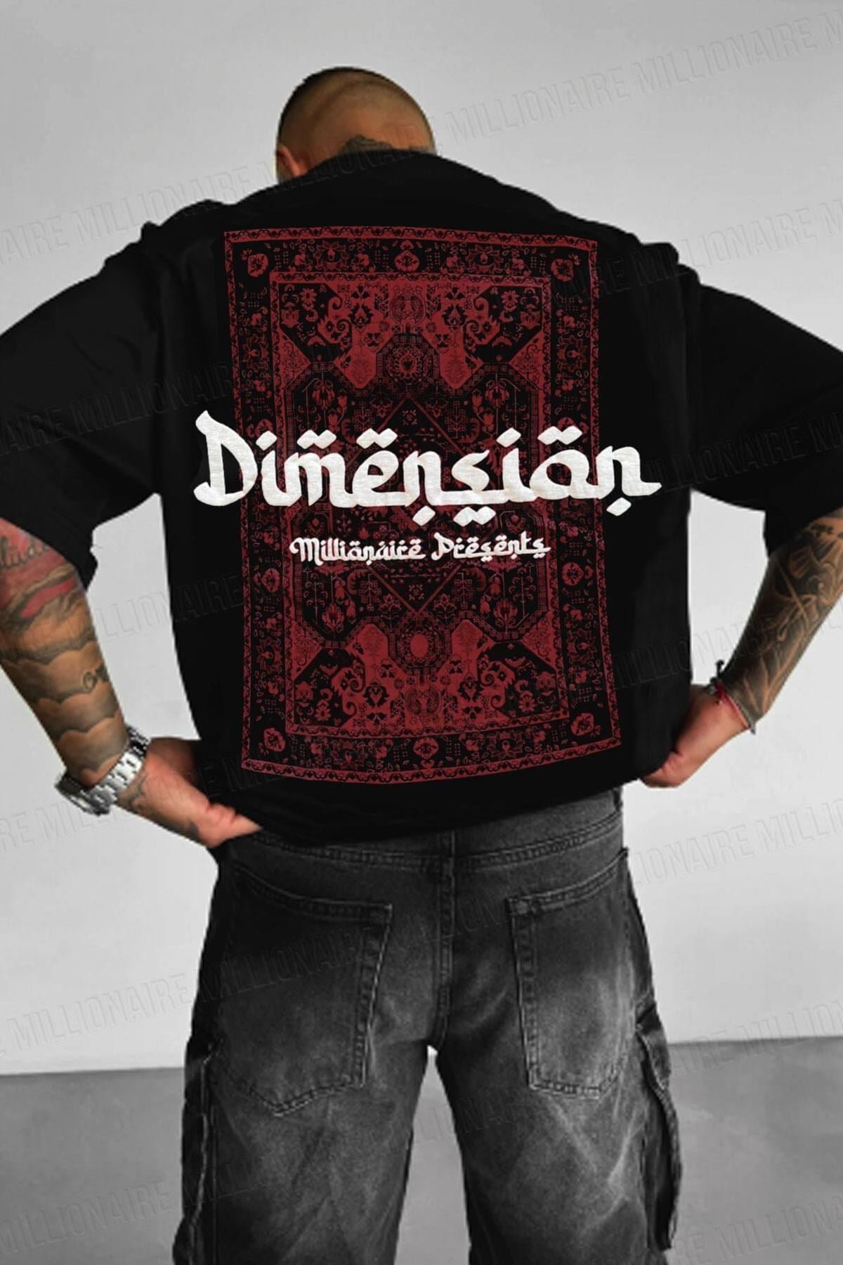 Erkek Dimension Kabaran Baskılı Siyah Bisiklet Yaka Oversize Salaş T-Shirt