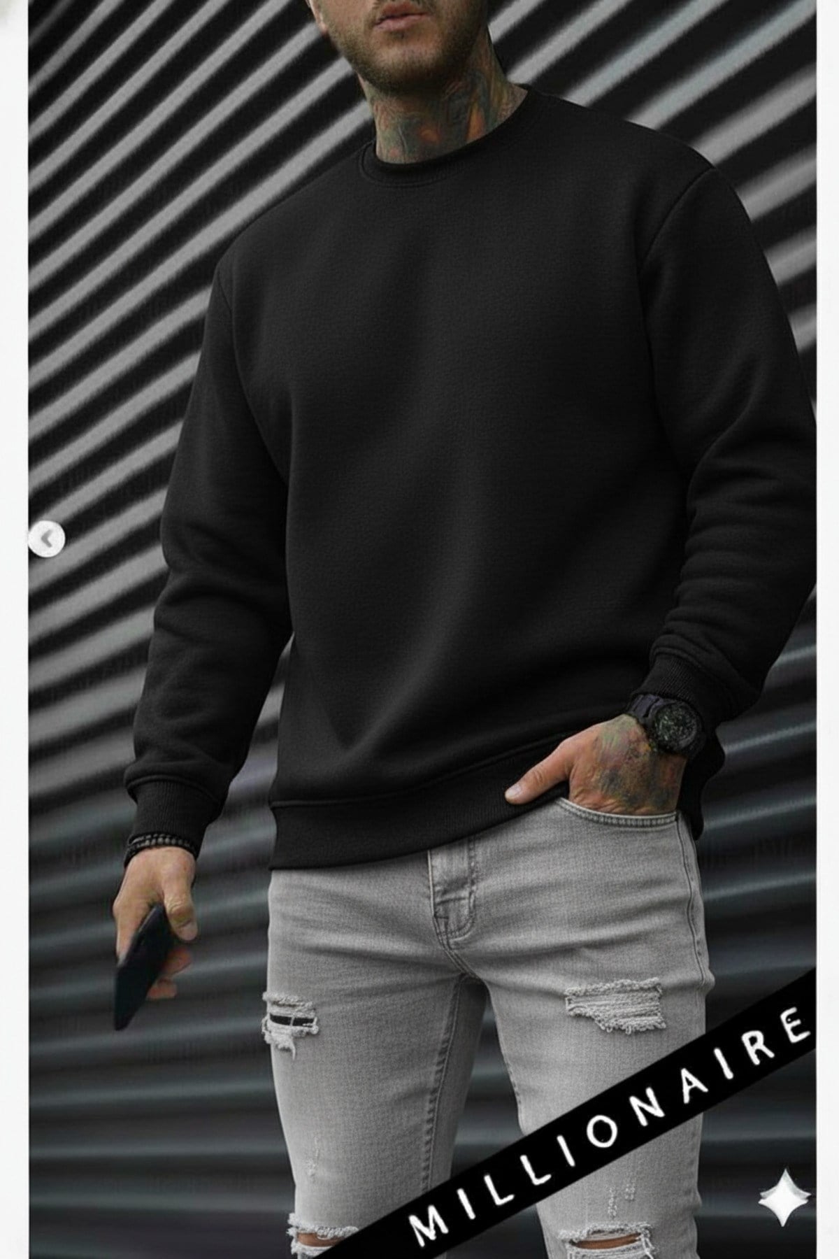 Erkek Düz Siyah Basic Baskısız Sıfır Bisiklet Yaka Oversize Salaş Sweatshirt Sweat
