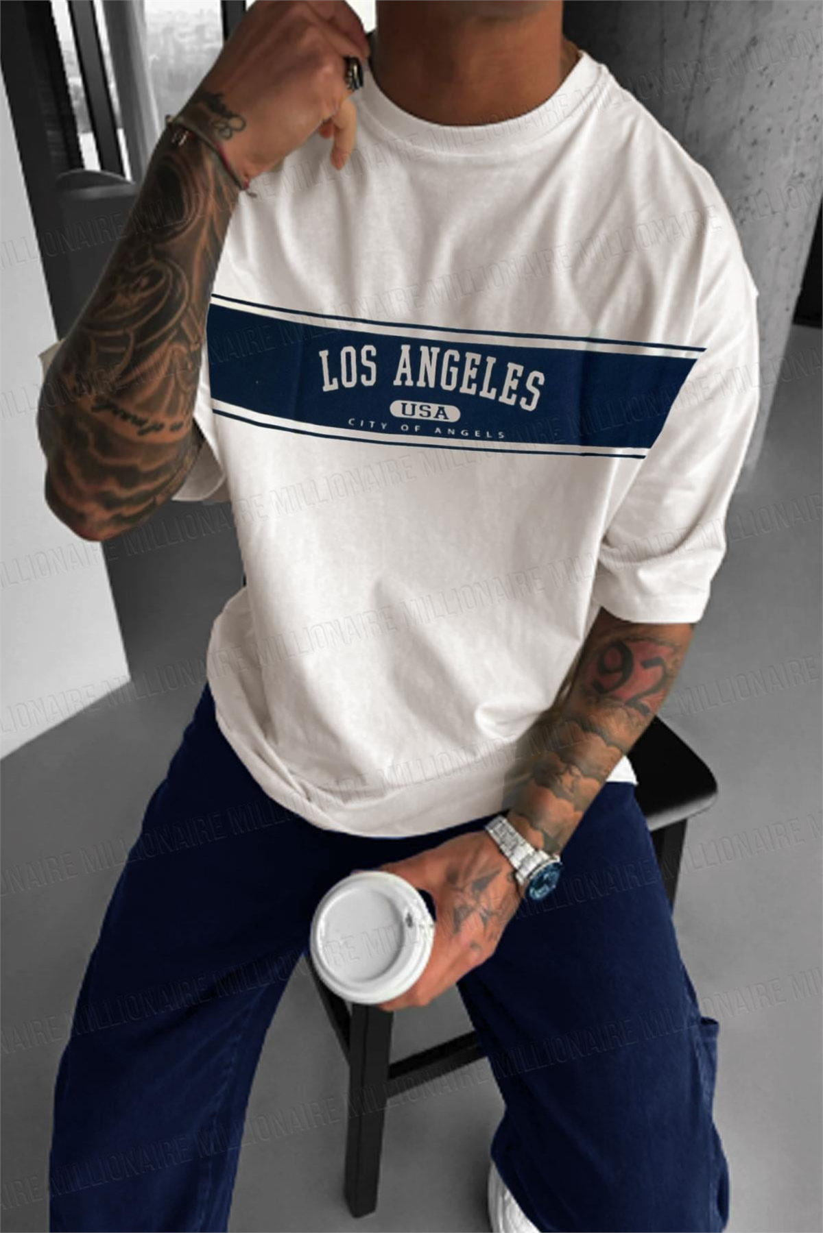 Erkek Ekru Beyaz City Of Angels Oversize Fit Bol Geniş Kalıp Salaş Kesim T-shirt