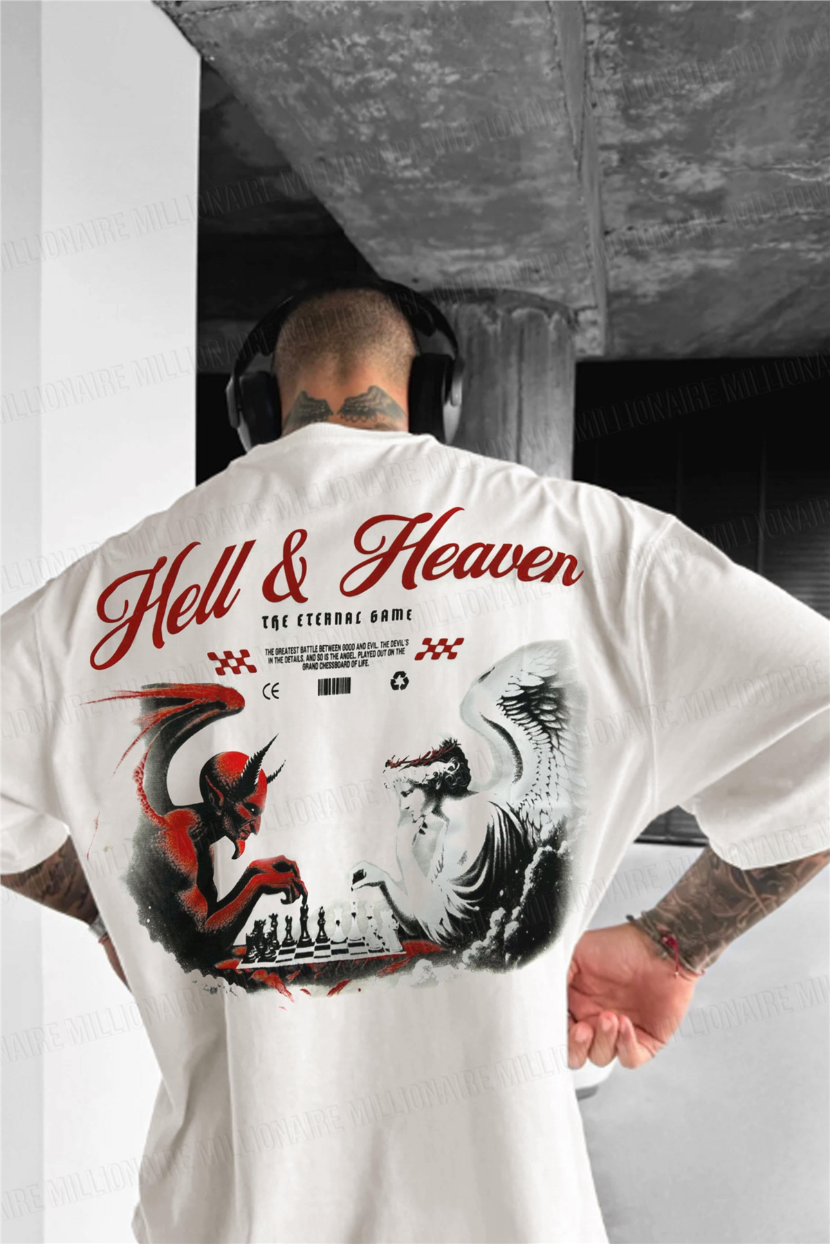 Erkek Ekru Beyaz Devil And Angel Oversize Fit Bol Geniş Kalıp Salaş Kesim T-shirt
