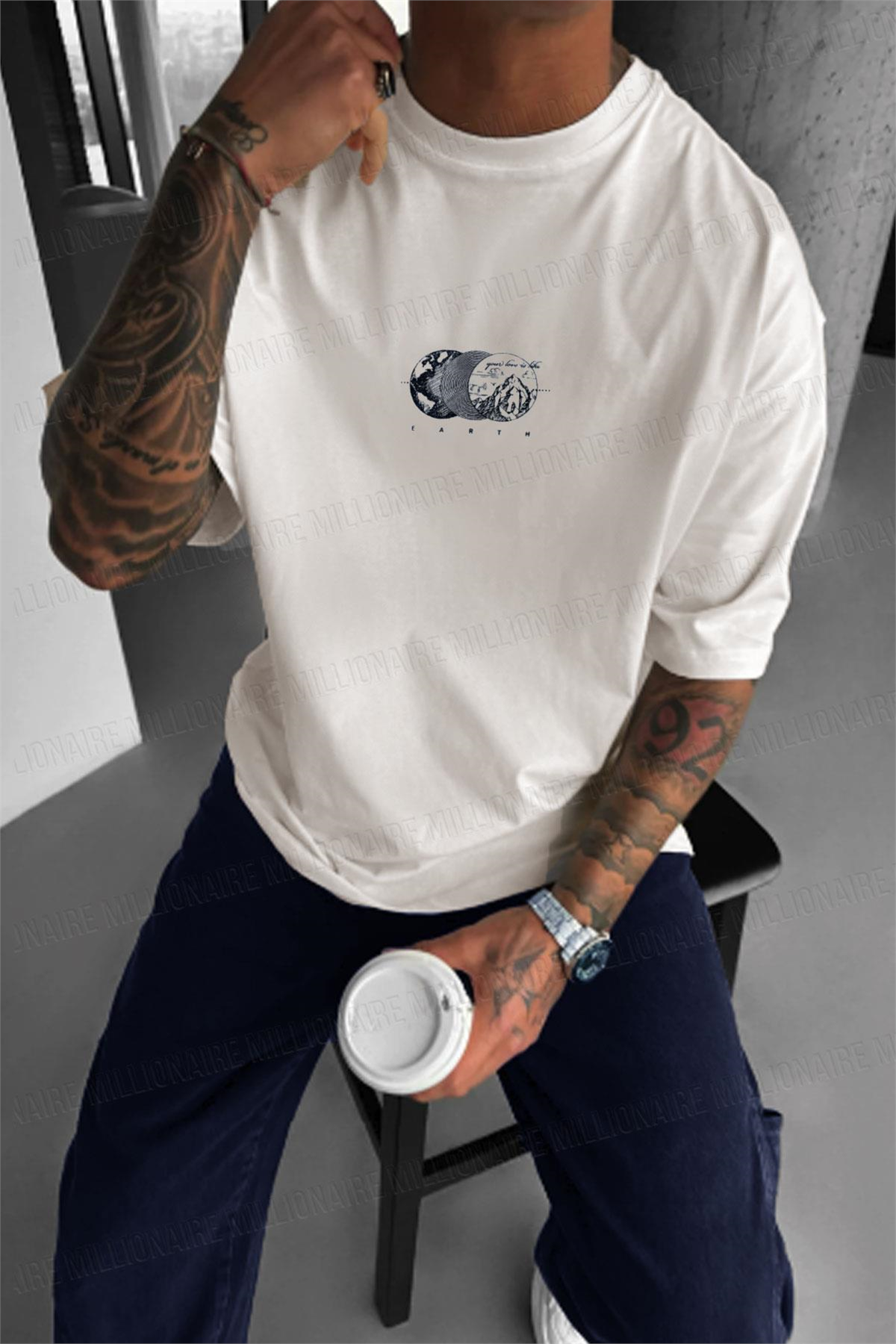 Erkek Ekru Beyaz Earth Oversize Fit Bol Geniş Kalıp Salaş Kesim T-shirt