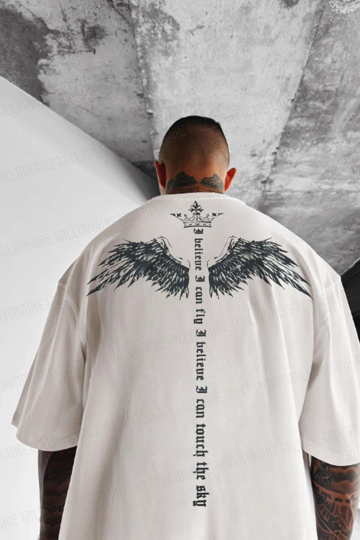 Erkek Ekru Beyaz I Can Fly Oversize Fit Bol Geniş Kalıp Salaş Kesim T-shirt