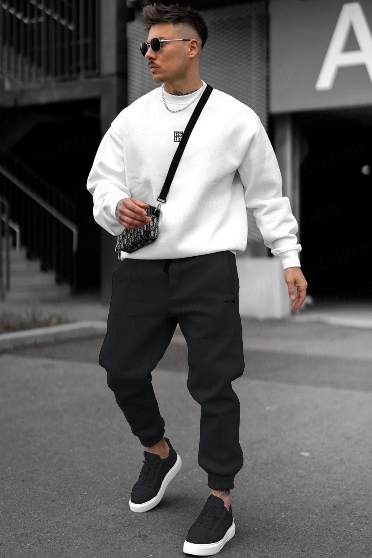 Erkek Ekru Free Life Baskılı Kalın Soft 3 İplik içi Şardonlu 0 Sıfır Yaka Oversize Salaş Sweatshirt
