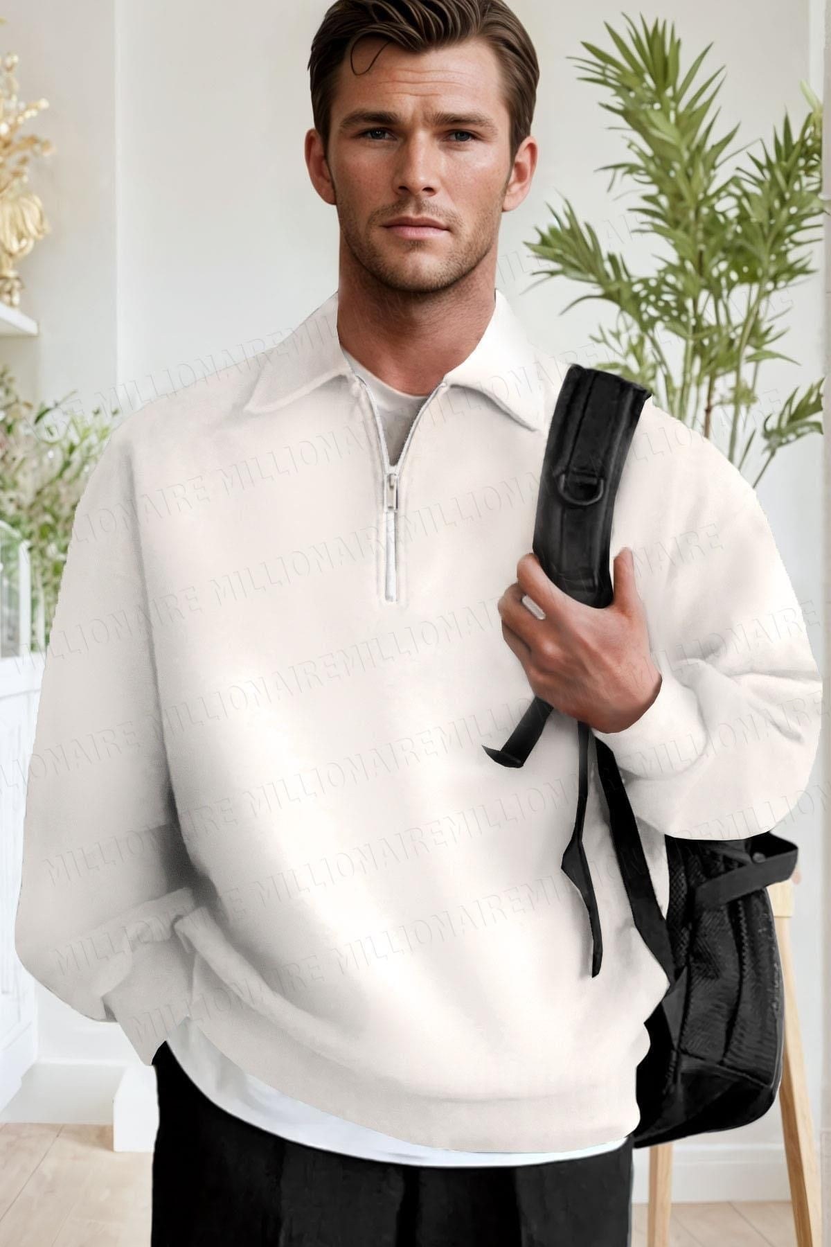 Erkek Ekru Kırık Beyaz Yarım Fermuar Polo Yaka Oversize Salaş Bol Kesim Polar Sweatshirt