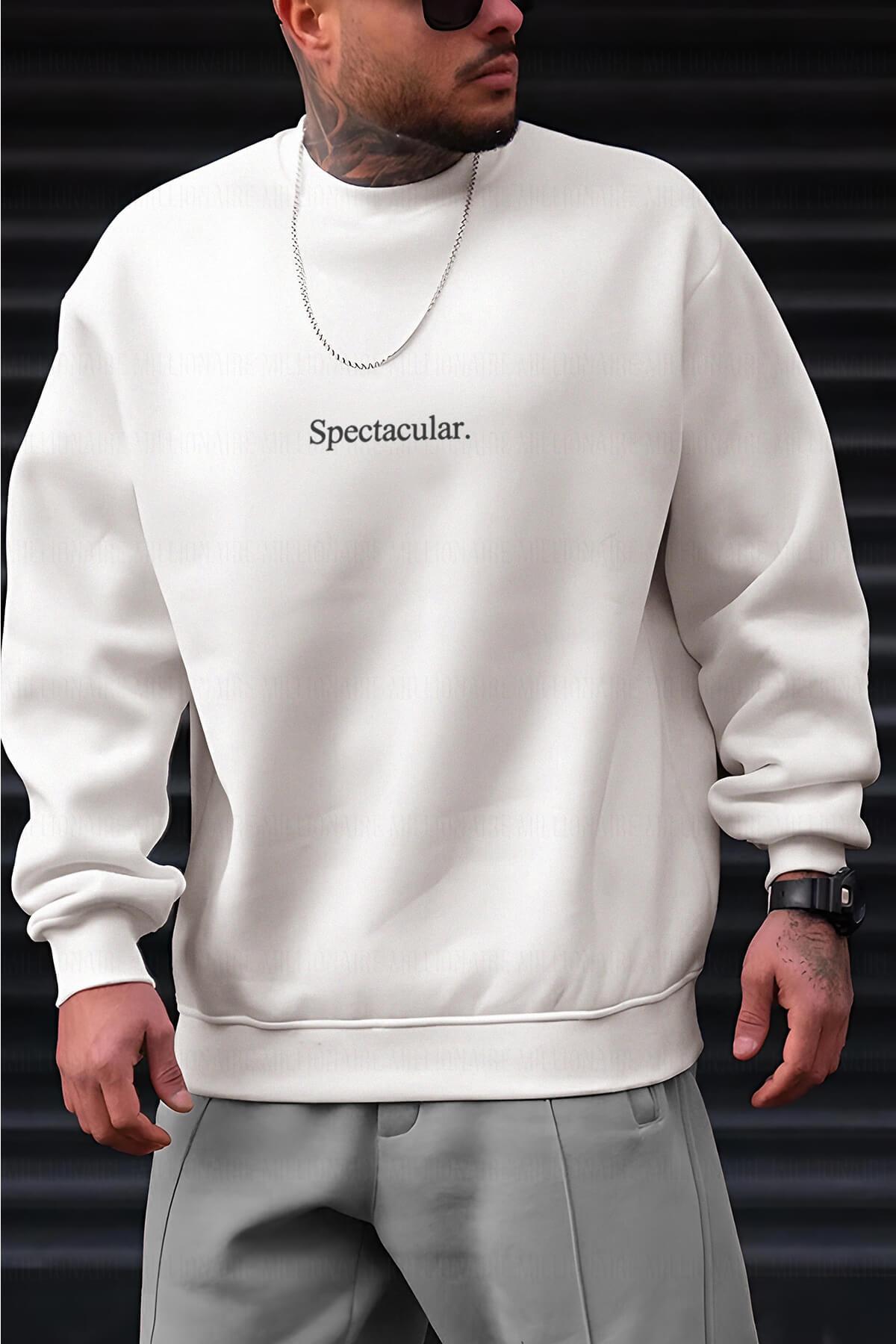 Erkek Ekru Spectacular Baskılı 0 Sıfır Yaka Oversize Salaş Bol Kesim Polar Sweatshirt