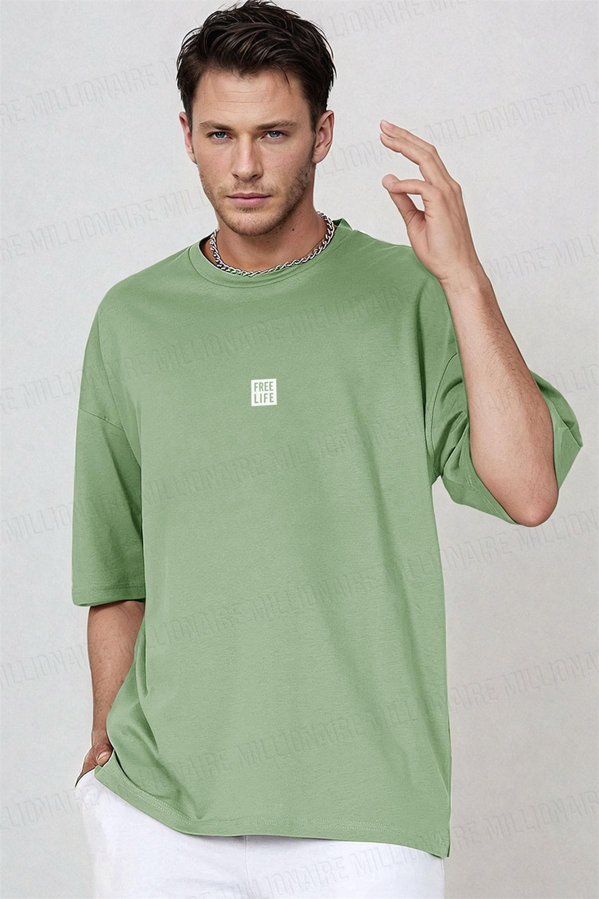 Erkek Free Life Açık Yeşil Bisiklet Yaka Oversize Salas T-Shirt