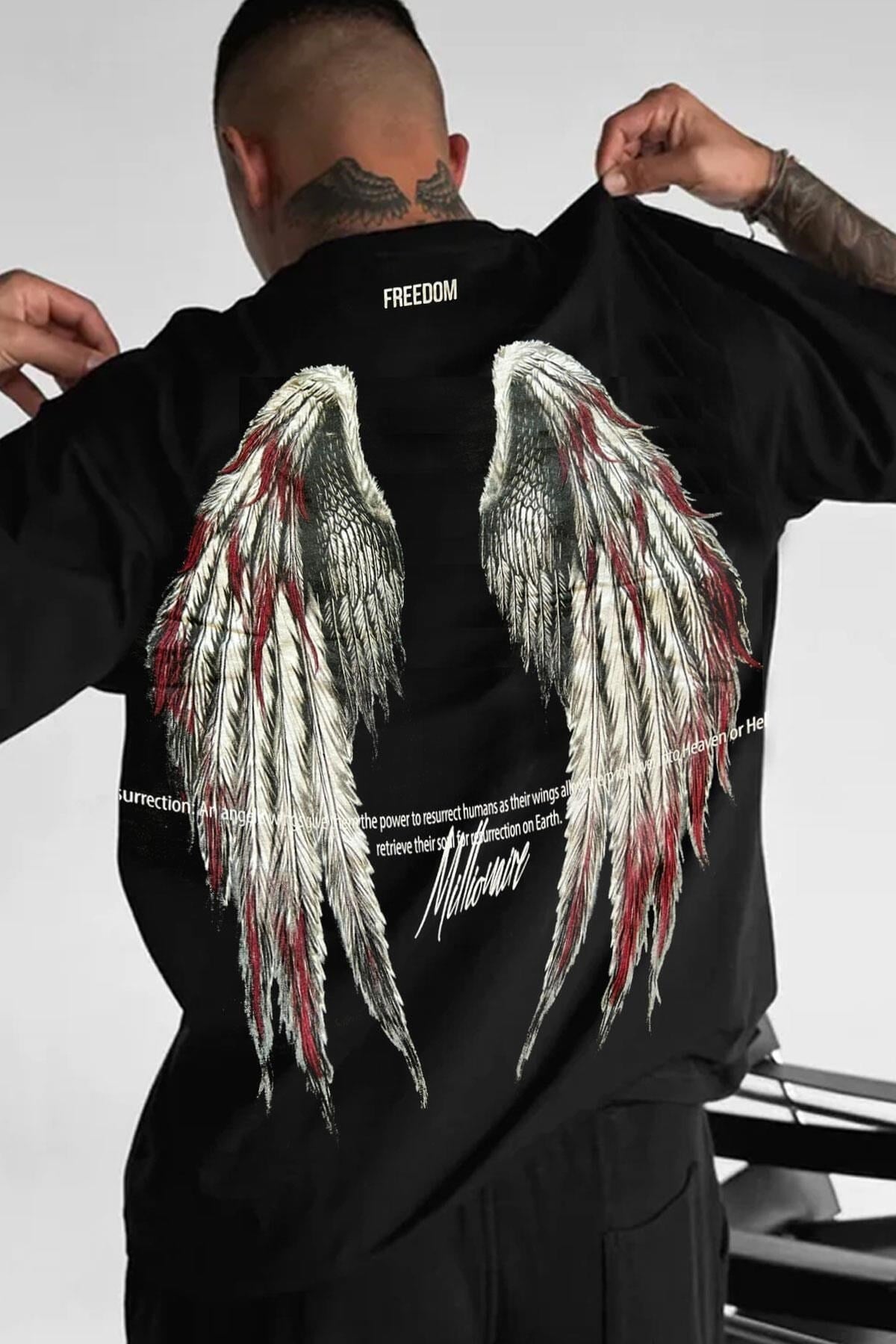 Erkek Freedom Kanat Baskılı Siyah Oversize Salaş T-Shirt