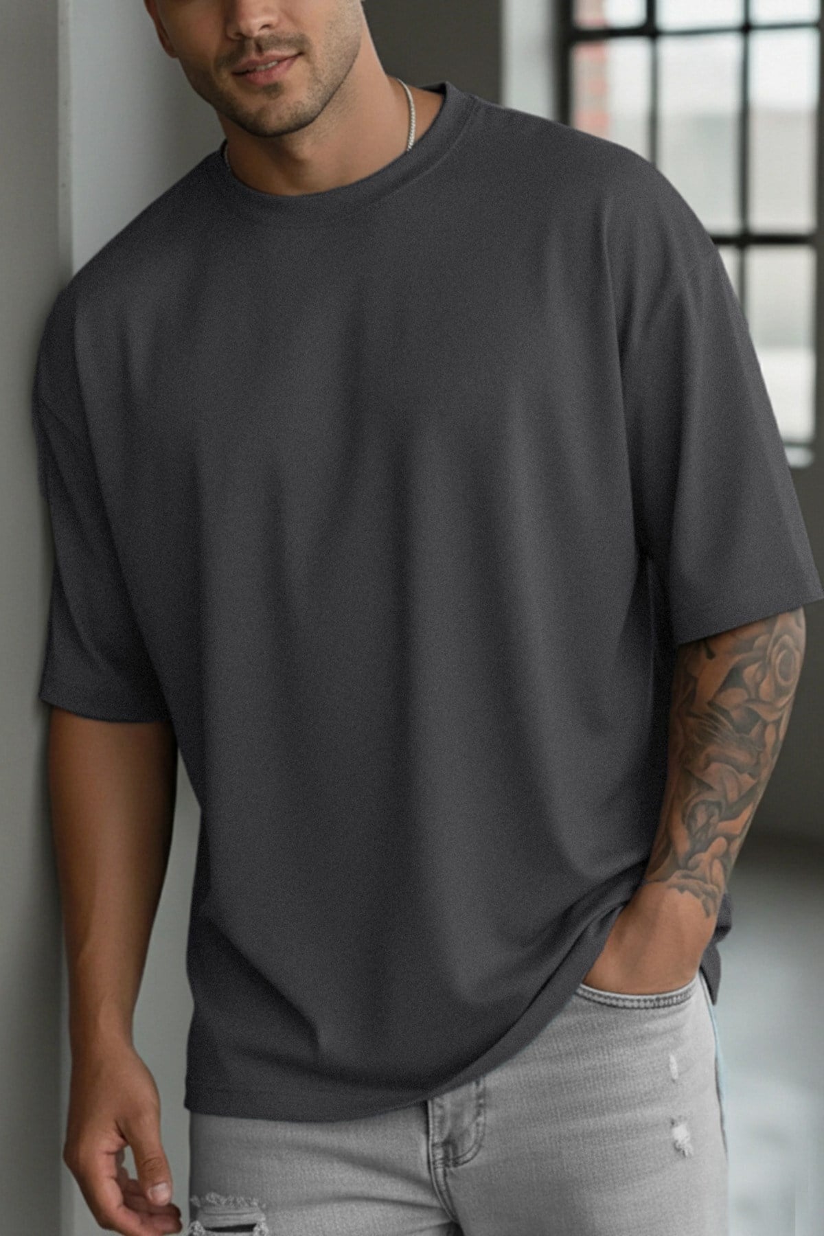 Erkek Füme Bisiklet Yaka Düz Basic Baskısız Oversize Salas T-Shirt