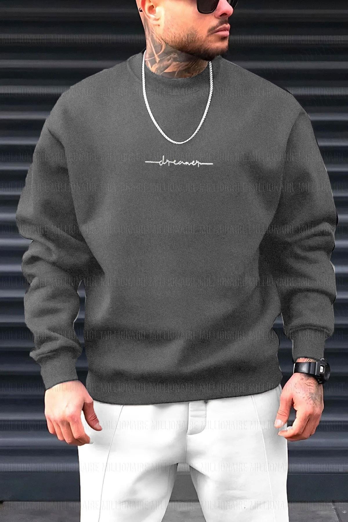 Erkek Füme Dreamer Baskılı 0 Sıfır Yaka Oversize Salaş Bol Kesim Polar Sweatshirt