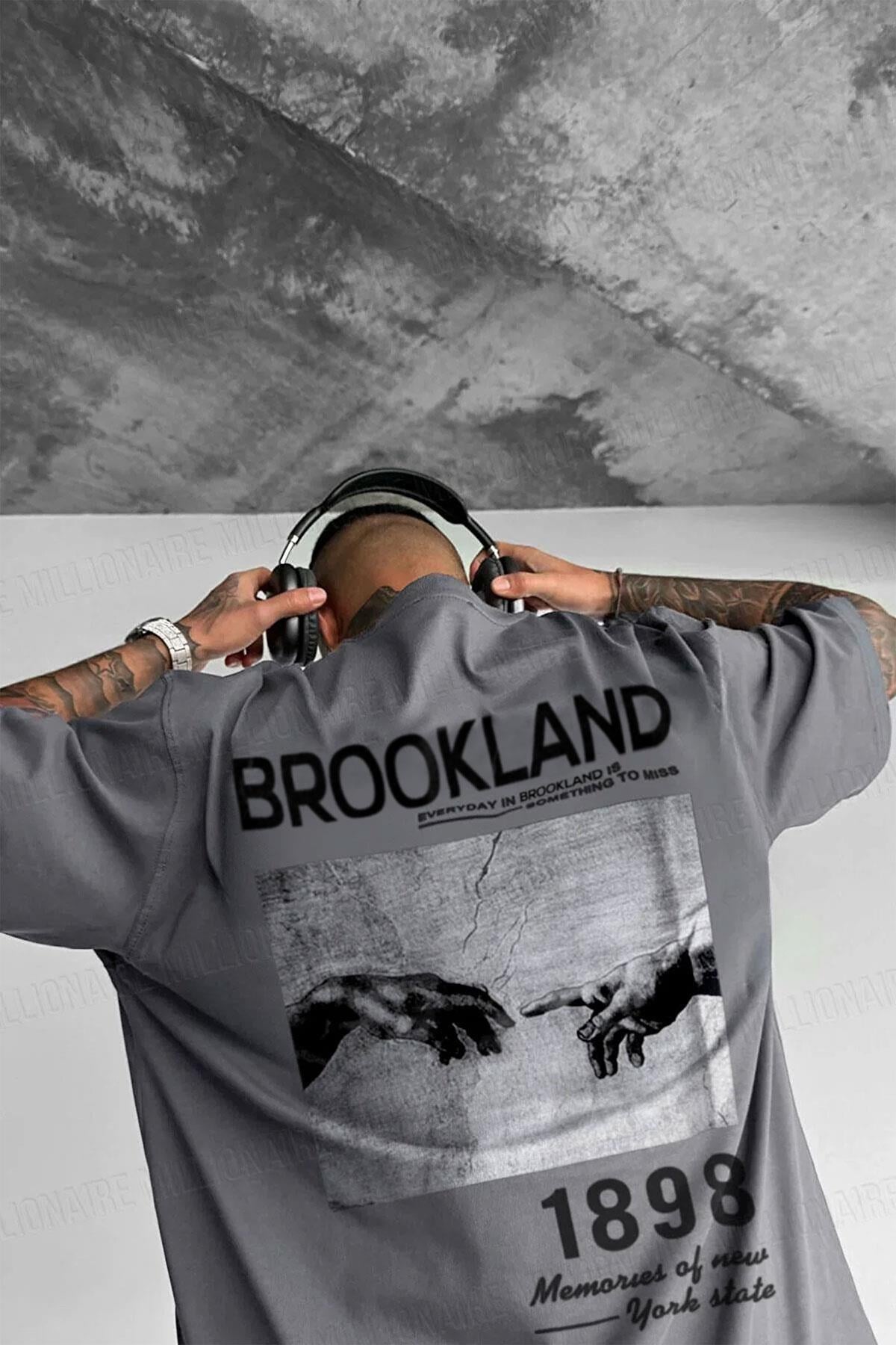 Erkek Gri 1898 Brookland Baskılı Oversize Salas T-Shirt