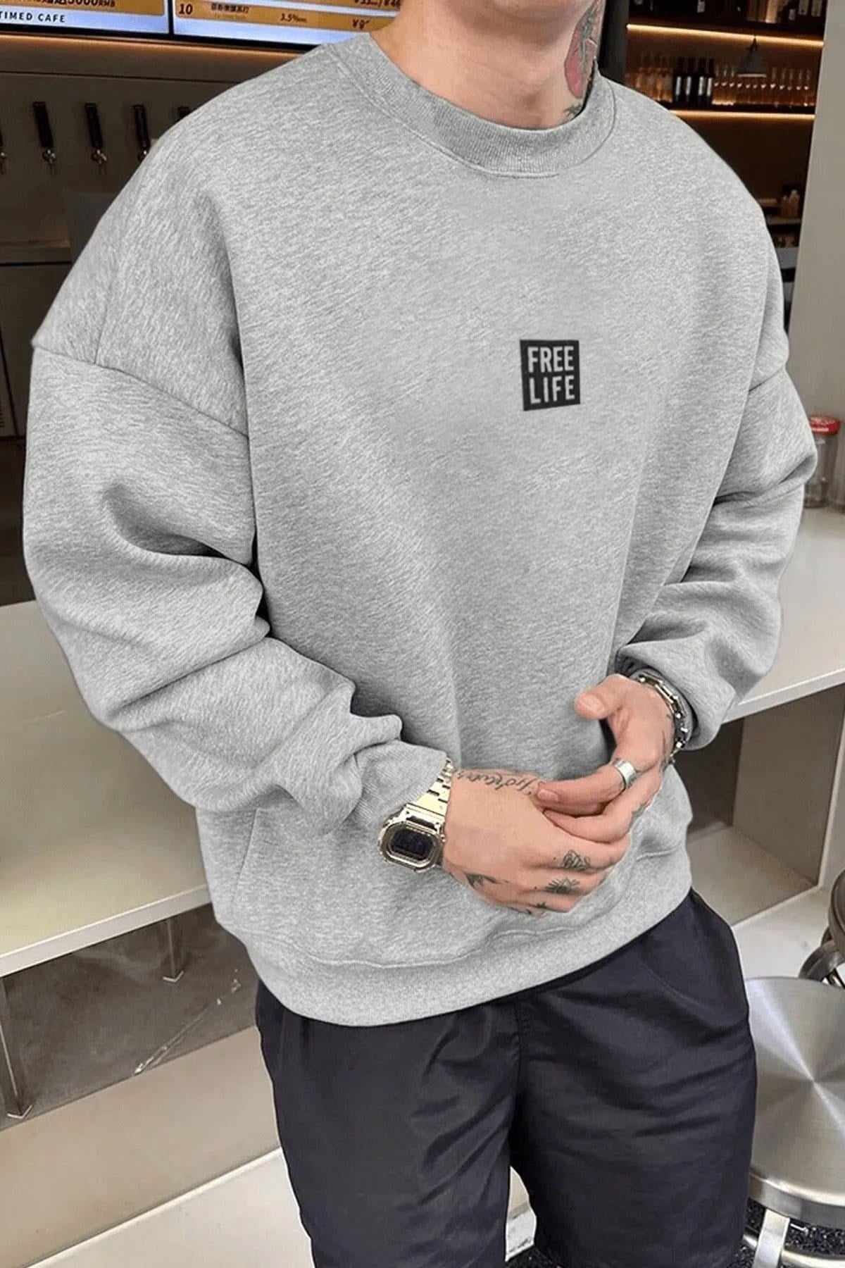 Erkek Gri Melanj Free Life Baskılı Kalın Soft 3 İplik içi Şardonlu 0 Sıfır Yaka Oversize Salaş Sweatshirt