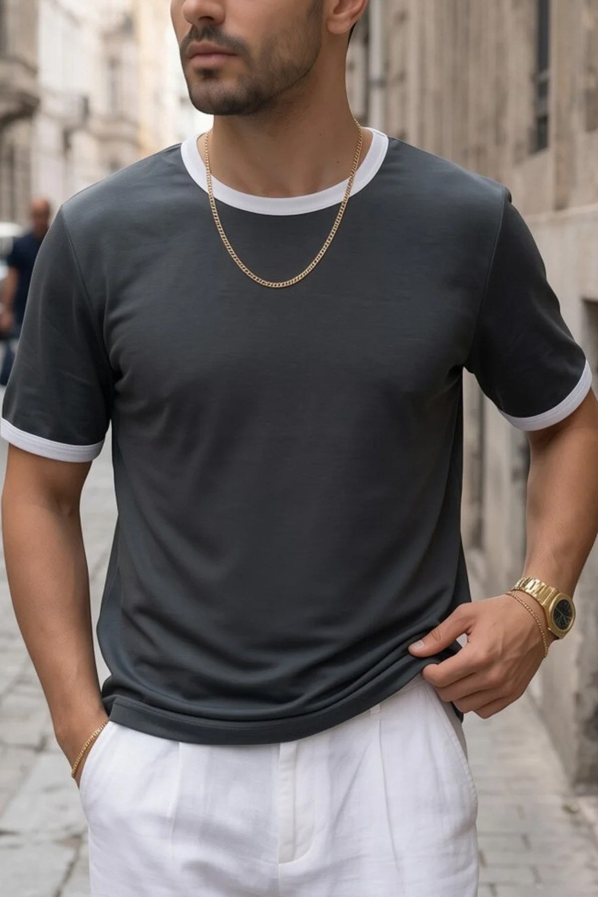Erkek Gri Renkli Tişört Bisiklet Yaka Kol Garnili Regular T-shirt