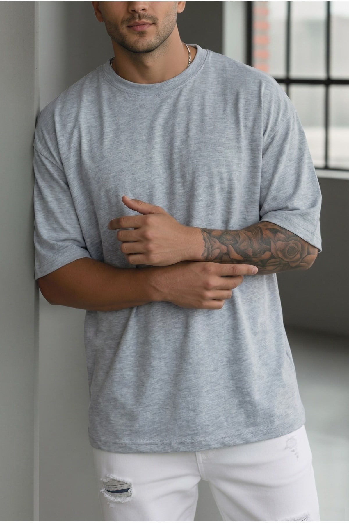 Erkek Grimelanj Basic Düz Baskısız Oversize Salas T-shirt