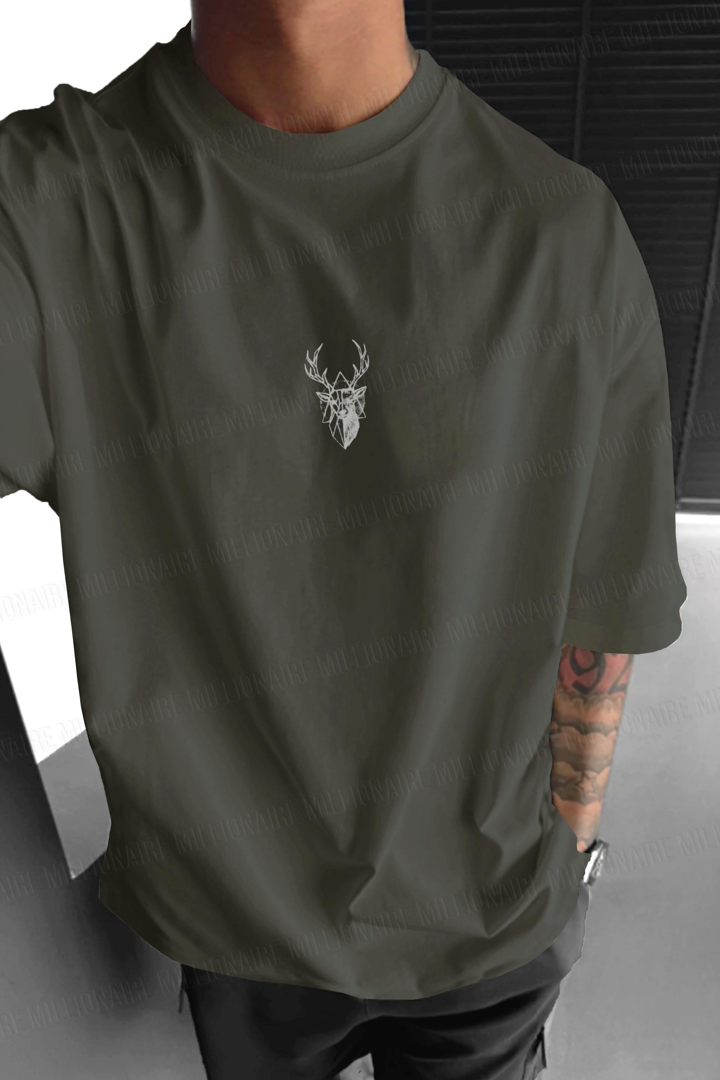 Erkek Haki Geyik Baskılı Oversize Fit Bol Geniş Kalıp Salaş Kesim T-shirt