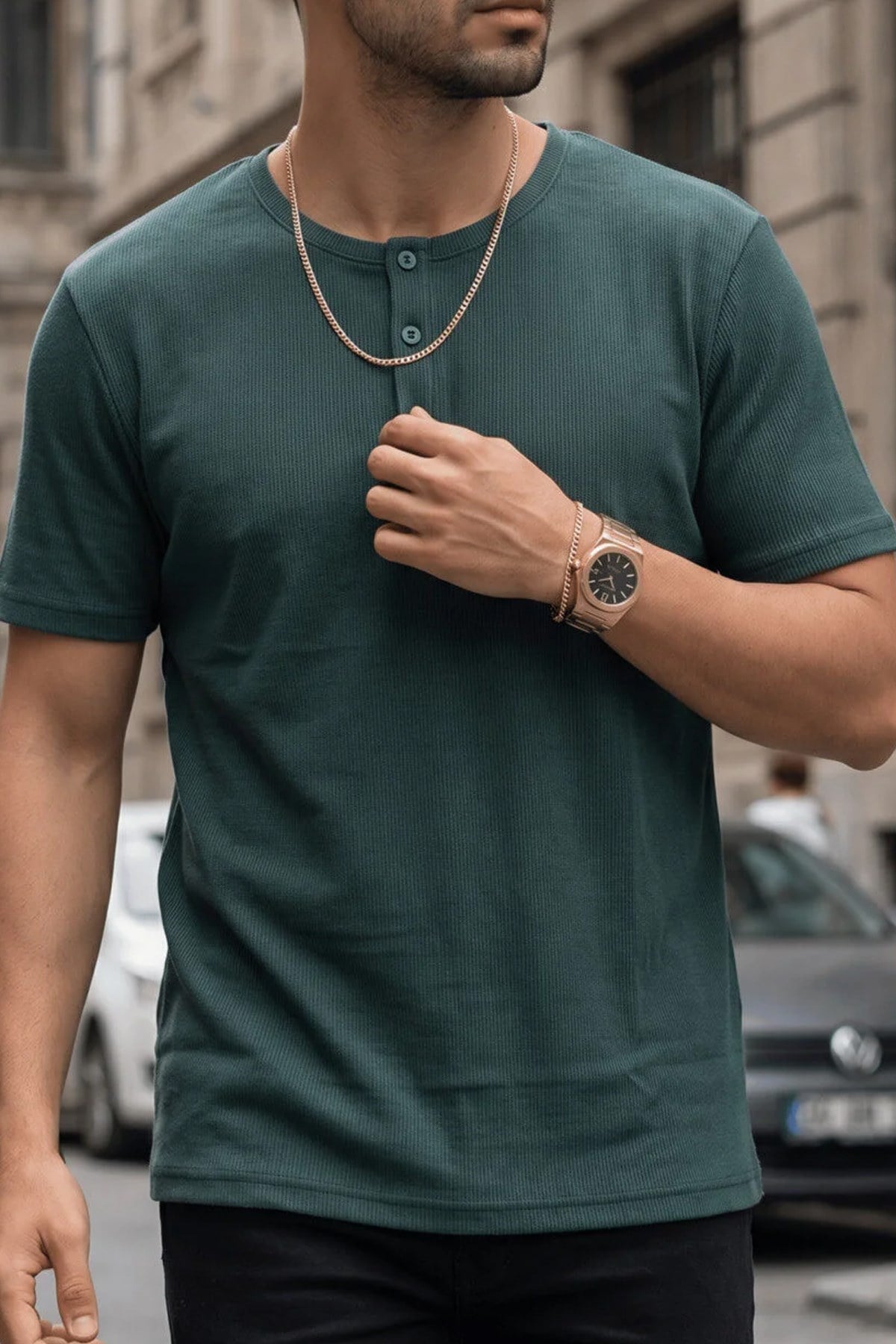 Erkek Haki Henley Yaka Tişört Üç Düğmeli Patlı Fitilli Regular T-shirt