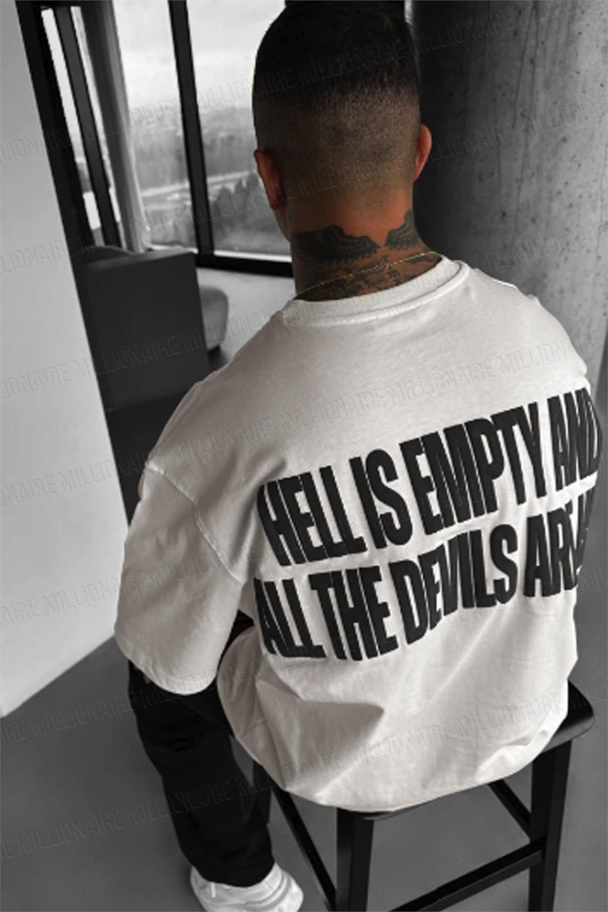 Erkek Hell & Devil Kabaran Baskı Ekru Bisiklet Yaka Oversize Salas T-Shirt