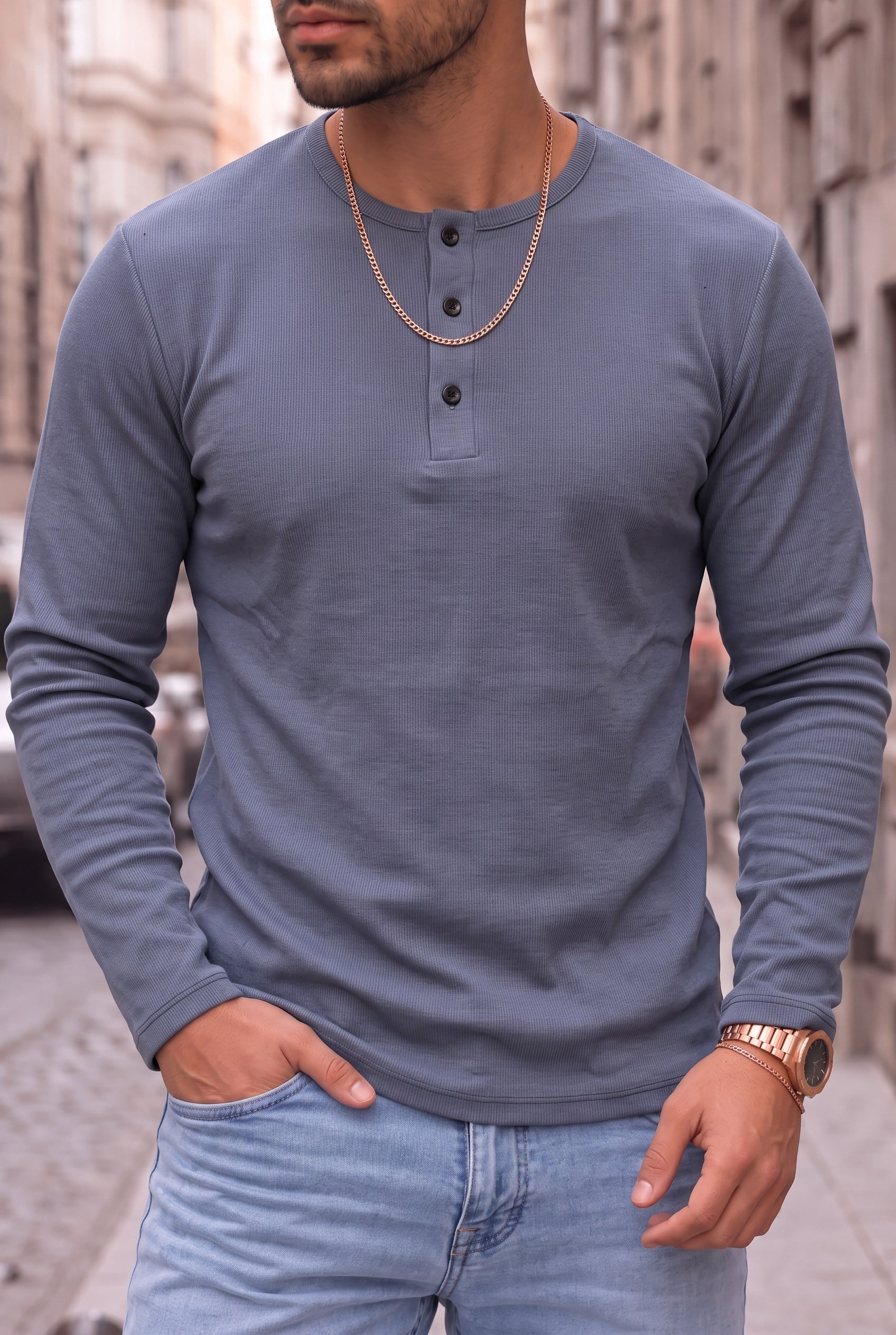 Erkek İndigo Mavi Henley Yaka Uzun Kollu Tişört Üç Düğmeli Patlı Fitilli Regular T-shirt