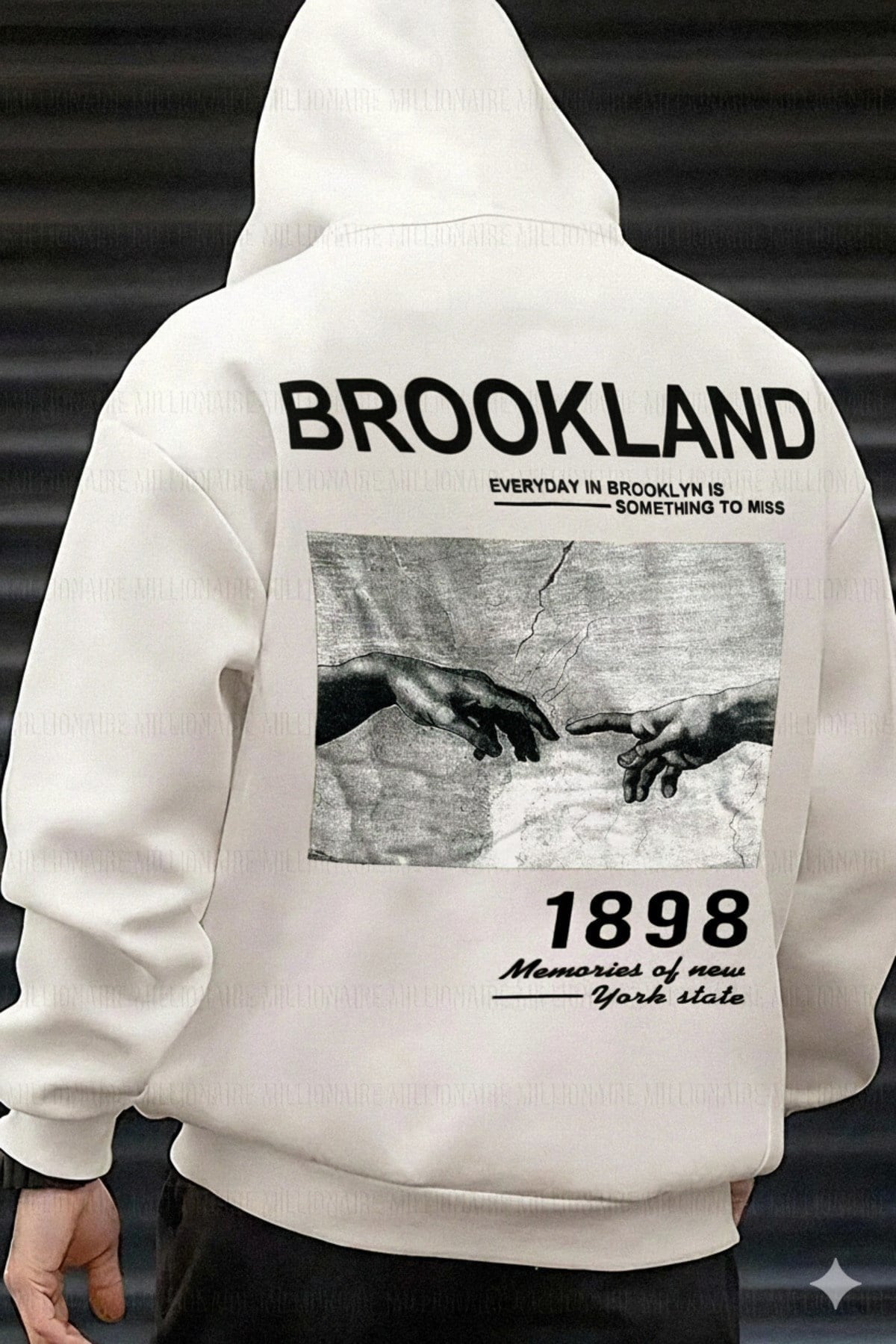 Erkek Kırık Beyaz Krem Ekru 1898 Baskılı Kapüşonlu Oversize 3 iplik Şardonlu Salaş Bol Kesim Hoodie Sweatshirt