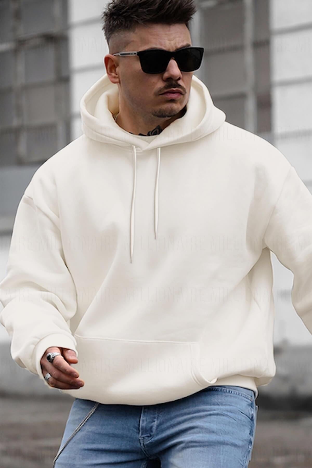 Erkek Kırık Beyaz Krem Ekru Düz Kapüşonlu Oversize 3 iplik Şardonlu Salaş Bol Kesim Hoodie Sweatshirt
