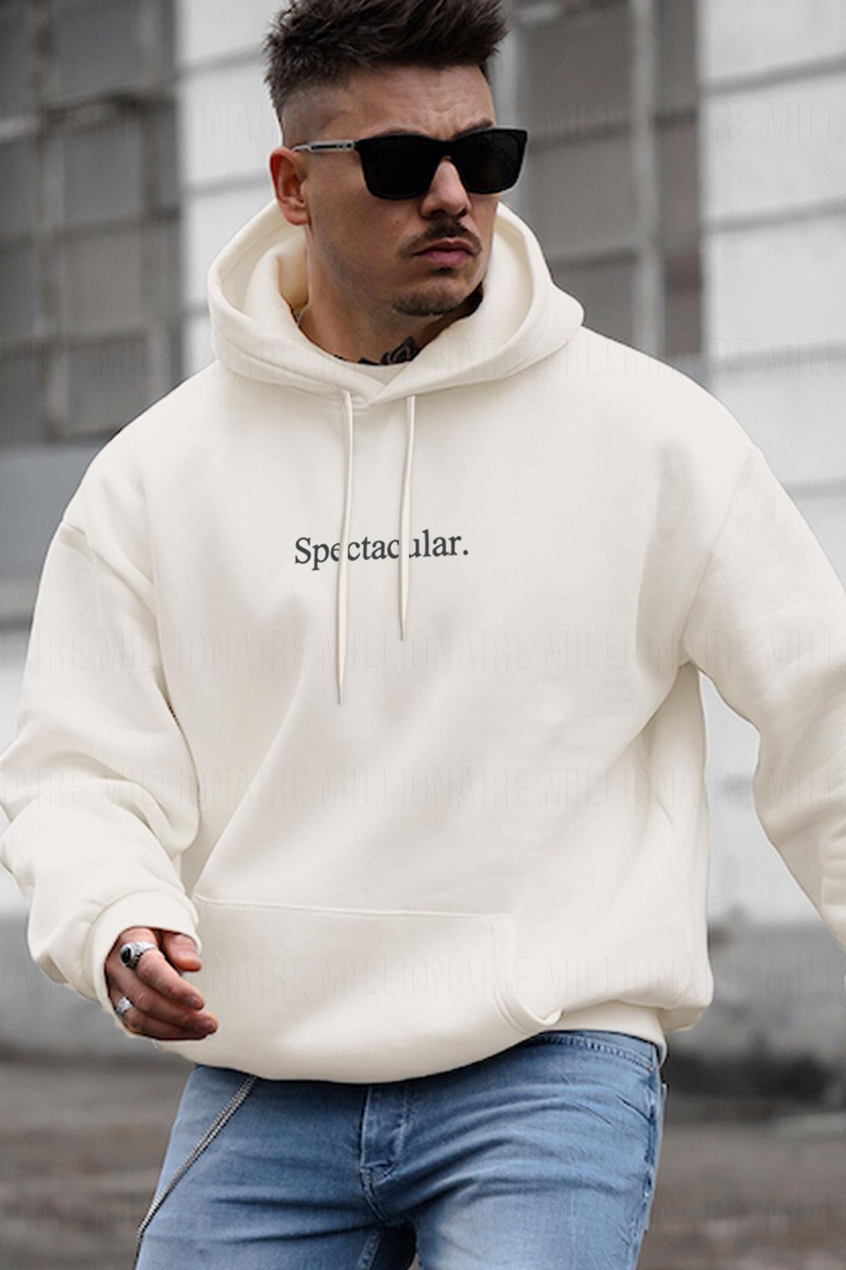 Erkek Kırık Beyaz Krem Ekru Spectacular Baskılı 3 iplik Şardonlu Kapüşonlu Kanguru Cepli Oversize Salaş Hoodie Sweatshirt
