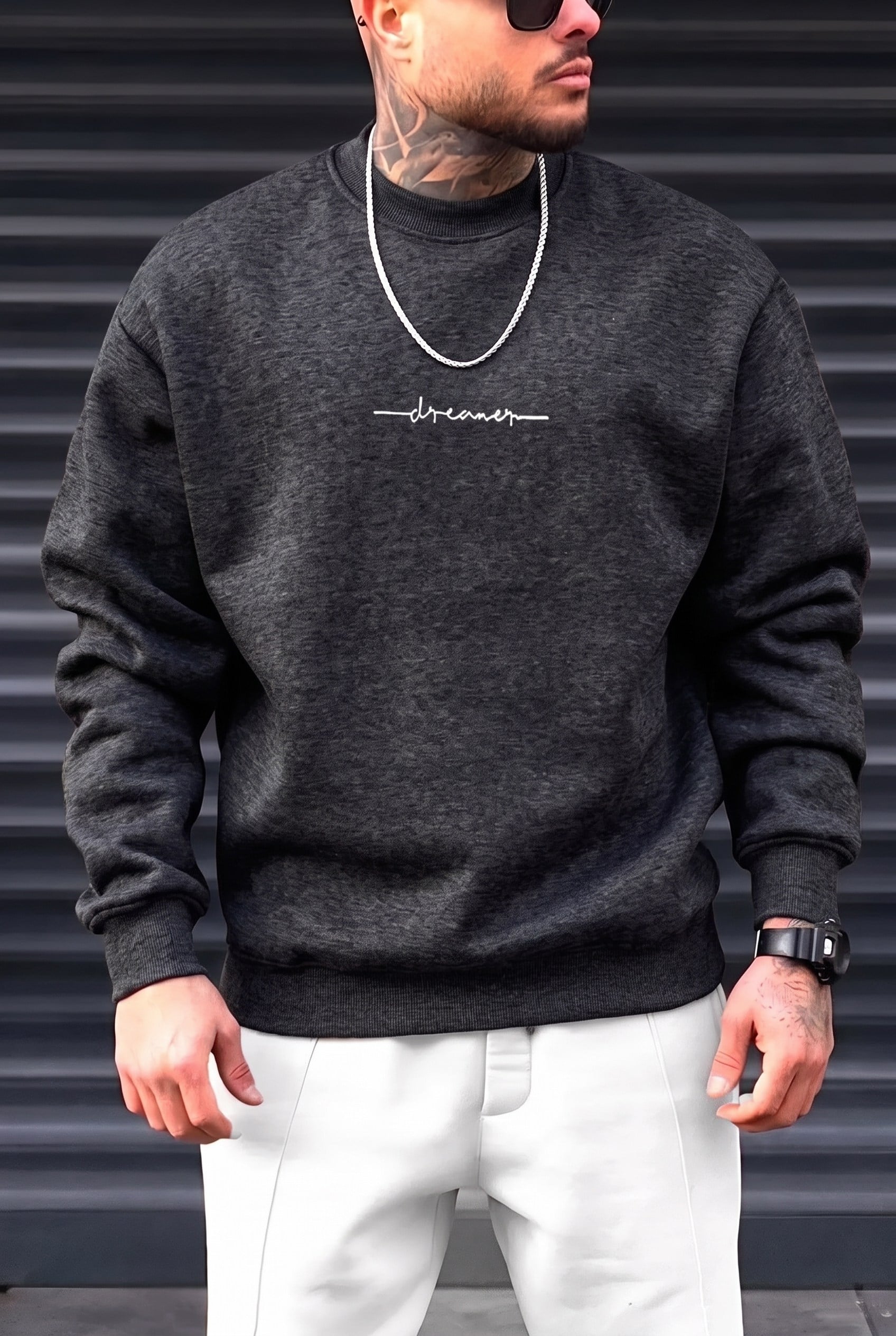 Erkek Koyu Antrasit Dreamer Baskılı 0 Sıfır Yaka Oversize Salaş Bol Kesim Polar Sweatshirt