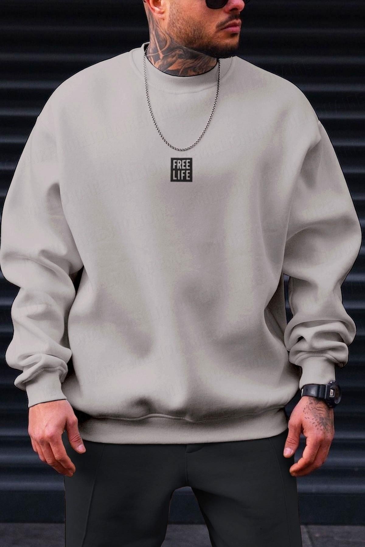 Erkek Koyu Gri Free Life Baskılı Kalın Soft 3 İplik içi Şardonlu 0 Sıfır Yaka Oversize Salaş Sweatshirt