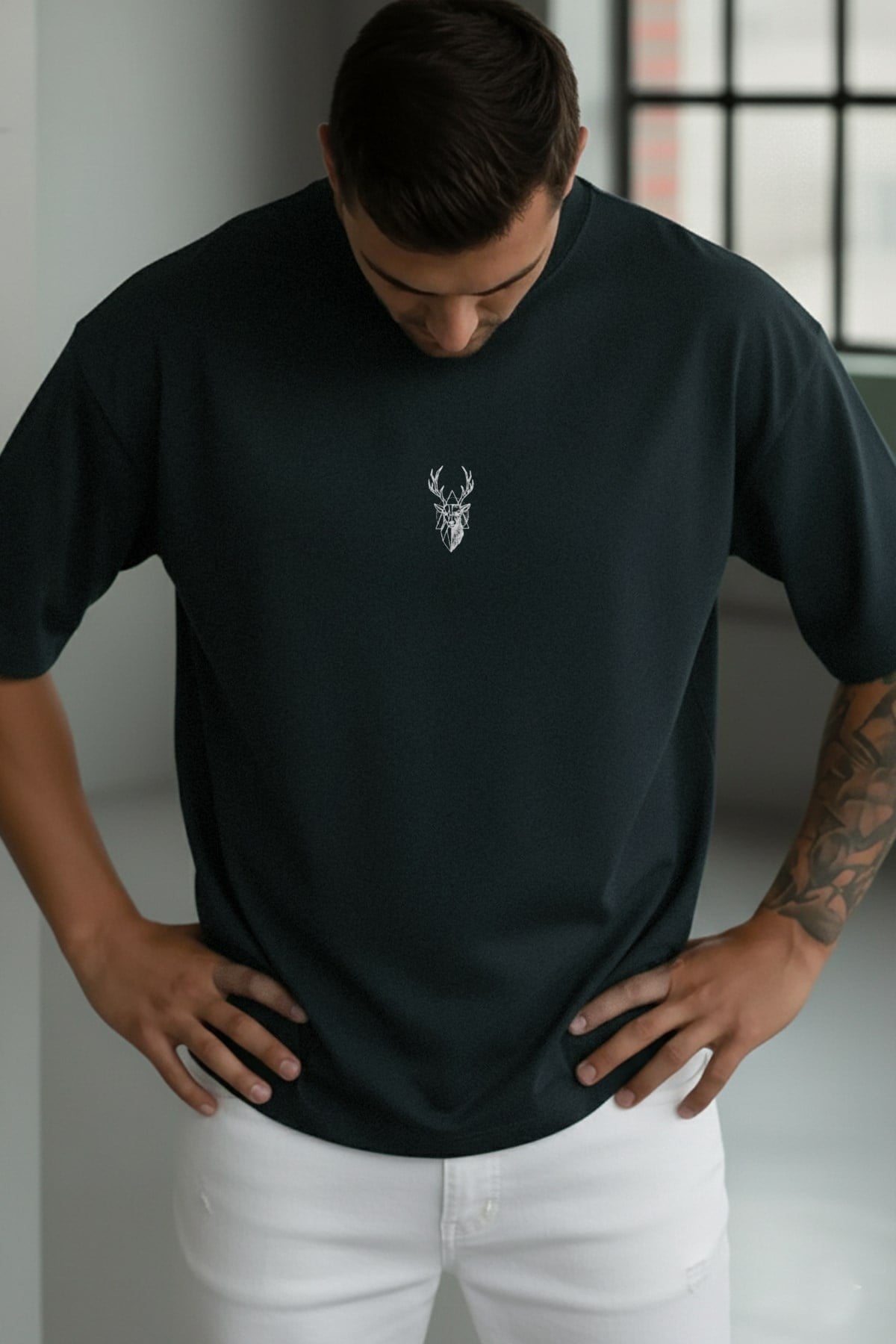 Erkek Koyu Petrol Yeşil Geyik Baskılı Oversize Fit Bol Geniş Kalıp Salaş Kesim T-shirt