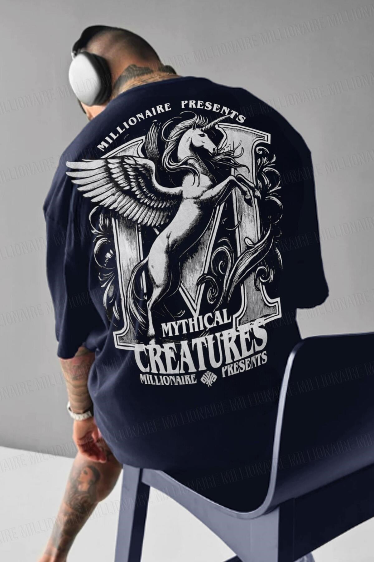 Erkek Lacivert Creatures Oversize Fit Bol Geniş Kalıp Salaş Kesim T-shirt