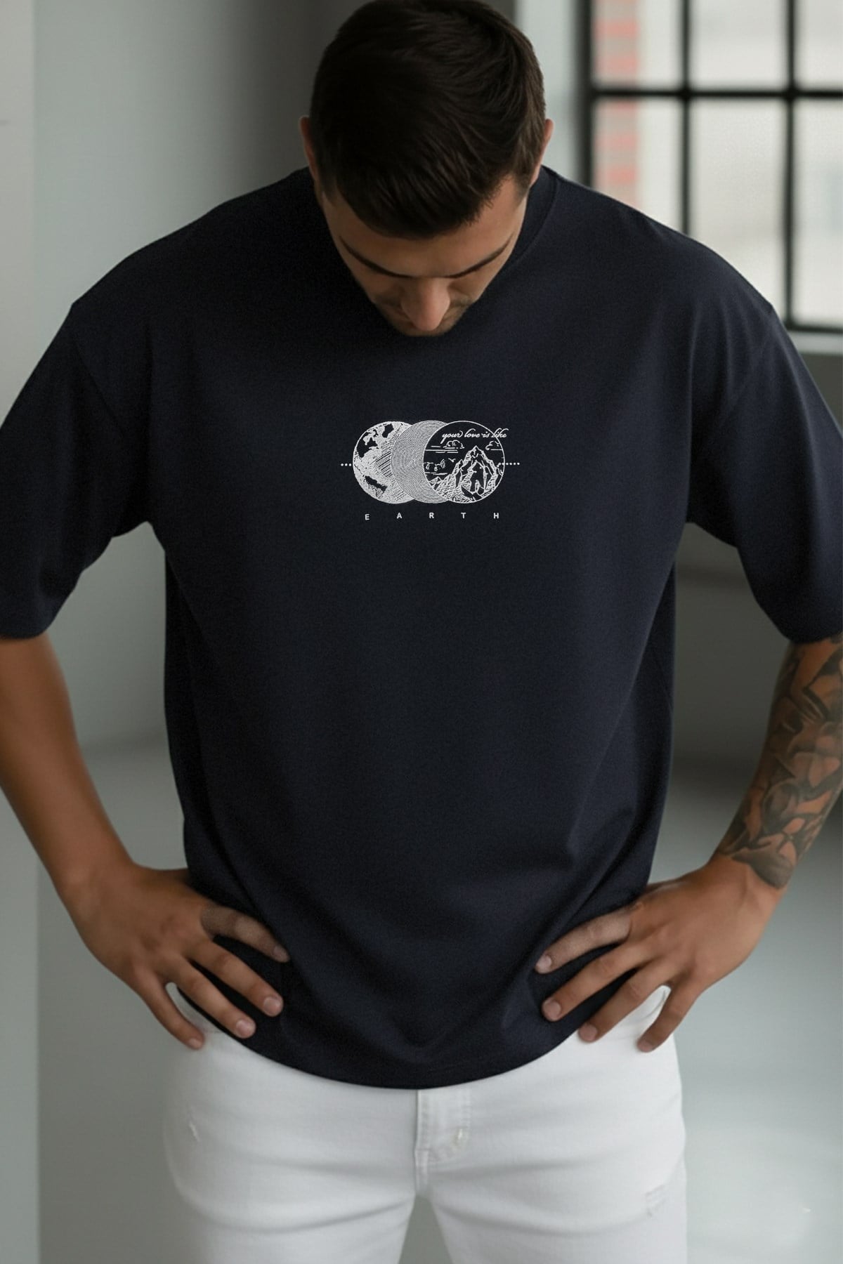 Erkek Lacivert Earth Oversize Fit Bol Geniş Kalıp Salaş Kesim T-shirt