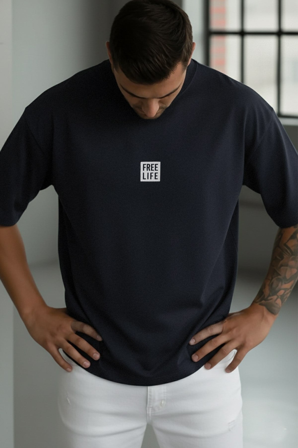 Erkek Lacivert Free Life Bisiklet Yaka Oversize Salas T-Shirt