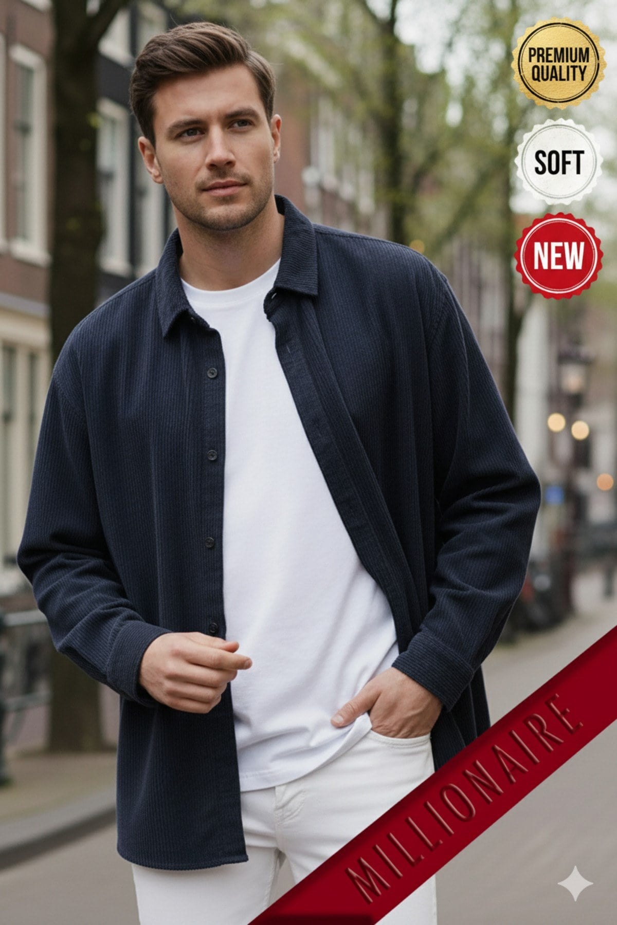 Erkek Lacivert Kadife Fitilli Yumuşak Dokulu Loose Fit Oversize Düşük Omuz Gömlek