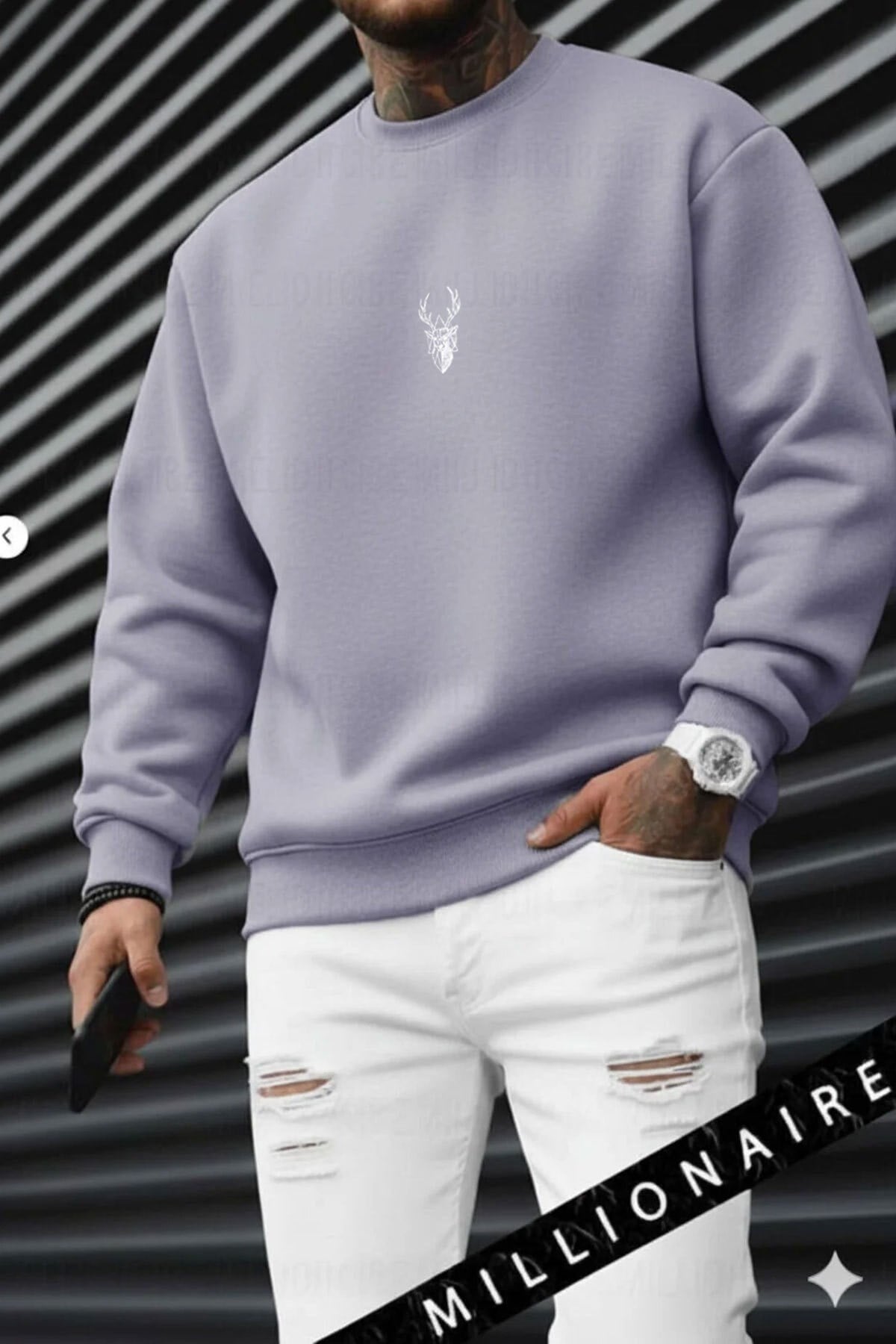 Erkek Lila Tonlu Gri Geyik Soft 3 İplik içi Şardonlu 0 Sıfır Yaka Oversize Salaş Sweatshirt