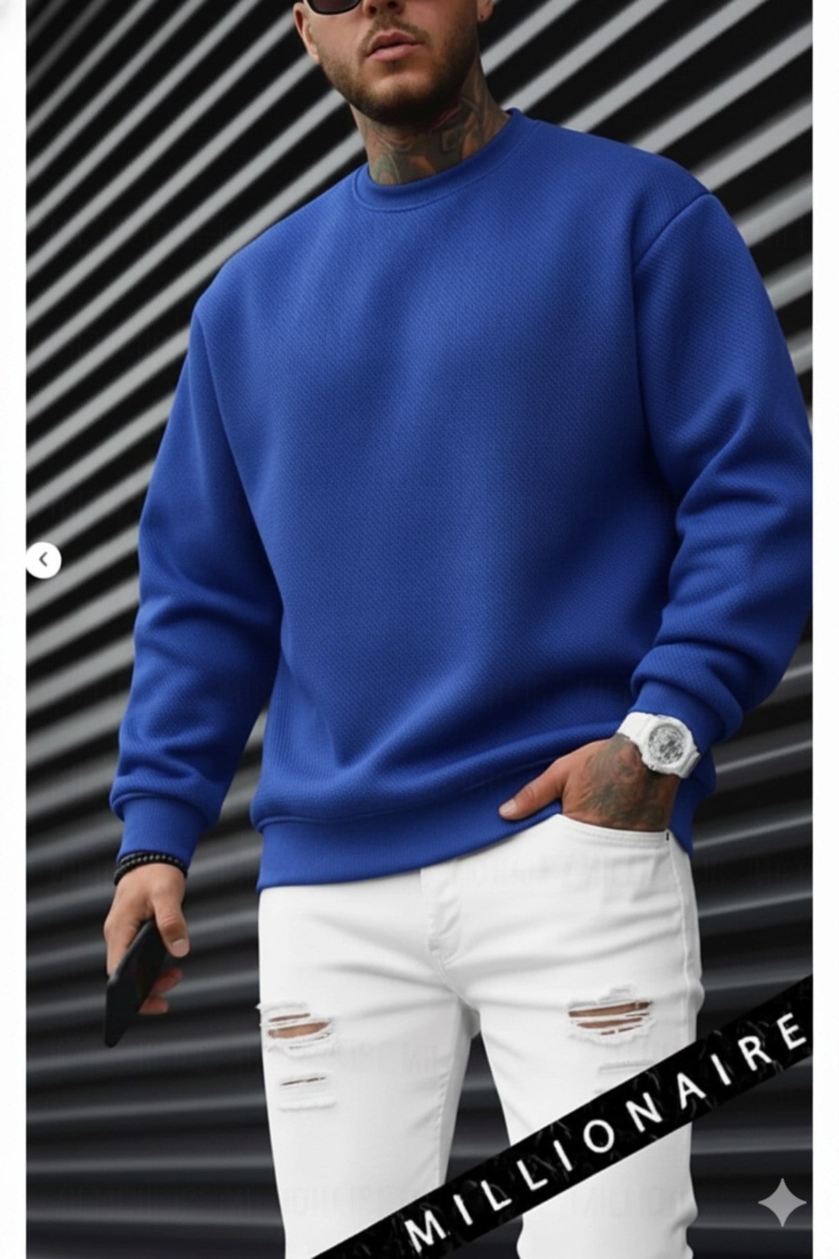 Erkek Mavi Basic 0 Sıfır Yaka Baskısız Düz Oversize Salaş Bol Kesim Polar Sweatshirt