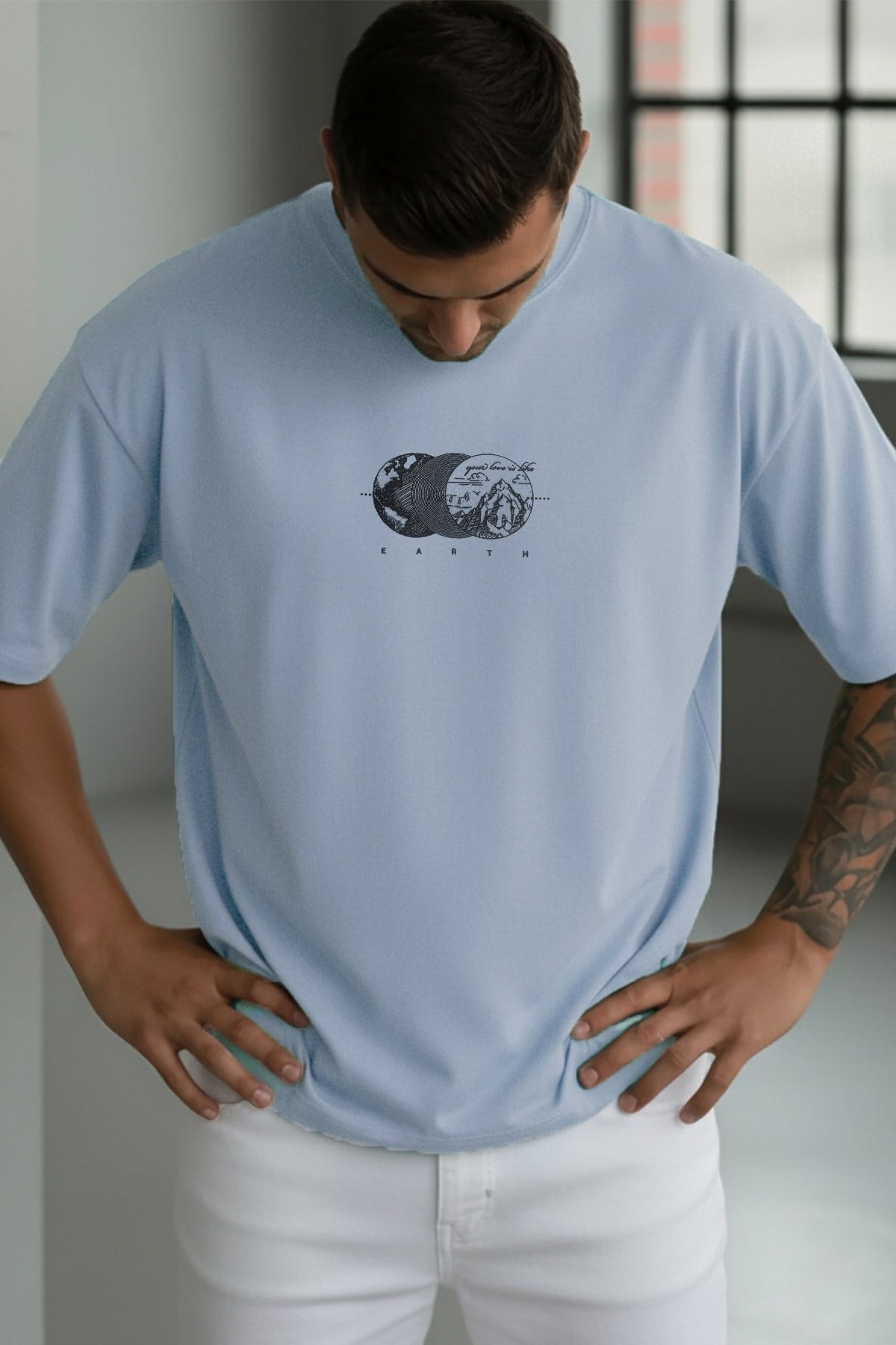 Erkek Mavi Earth Oversize Fit Bol Geniş Kalıp Salaş Kesim T-shirt