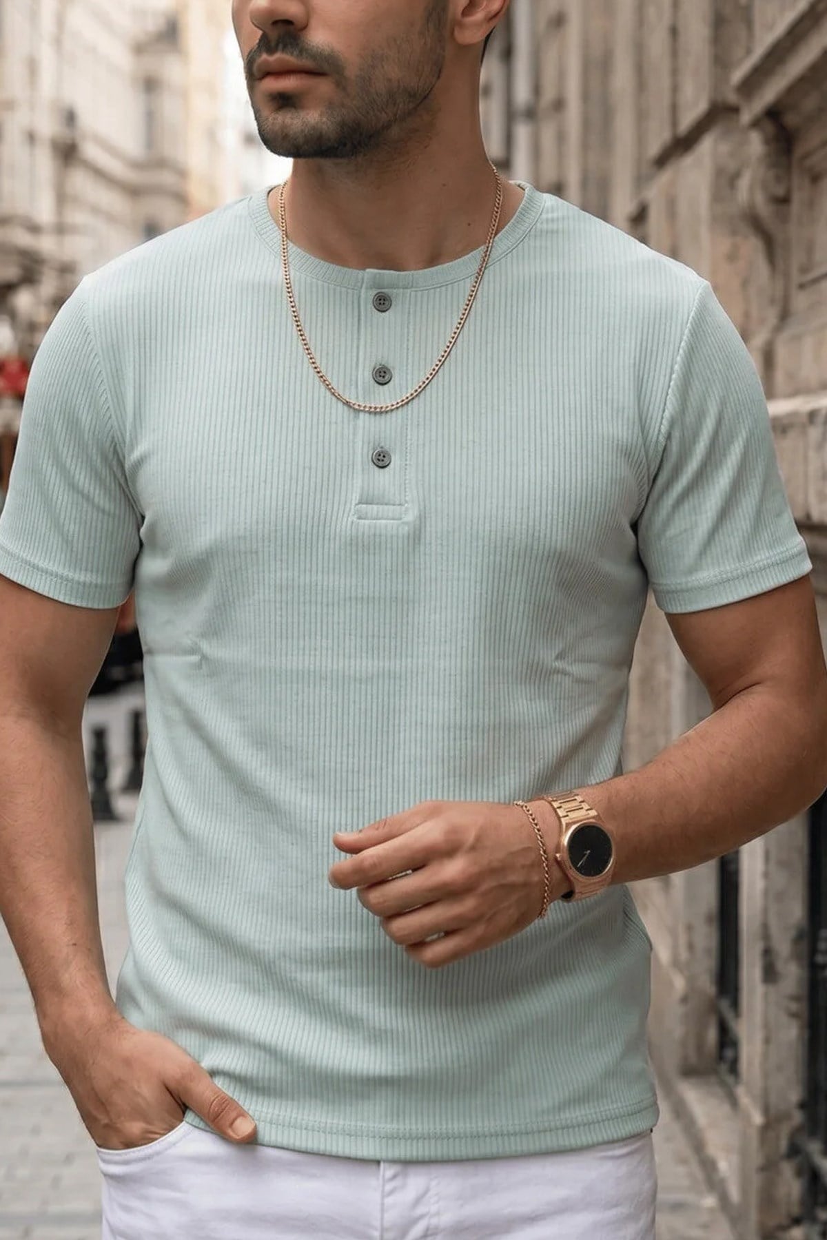 Erkek Mint Henley Yaka Tişört Üç Düğmeli Patlı Fitilli Regular T-shirt