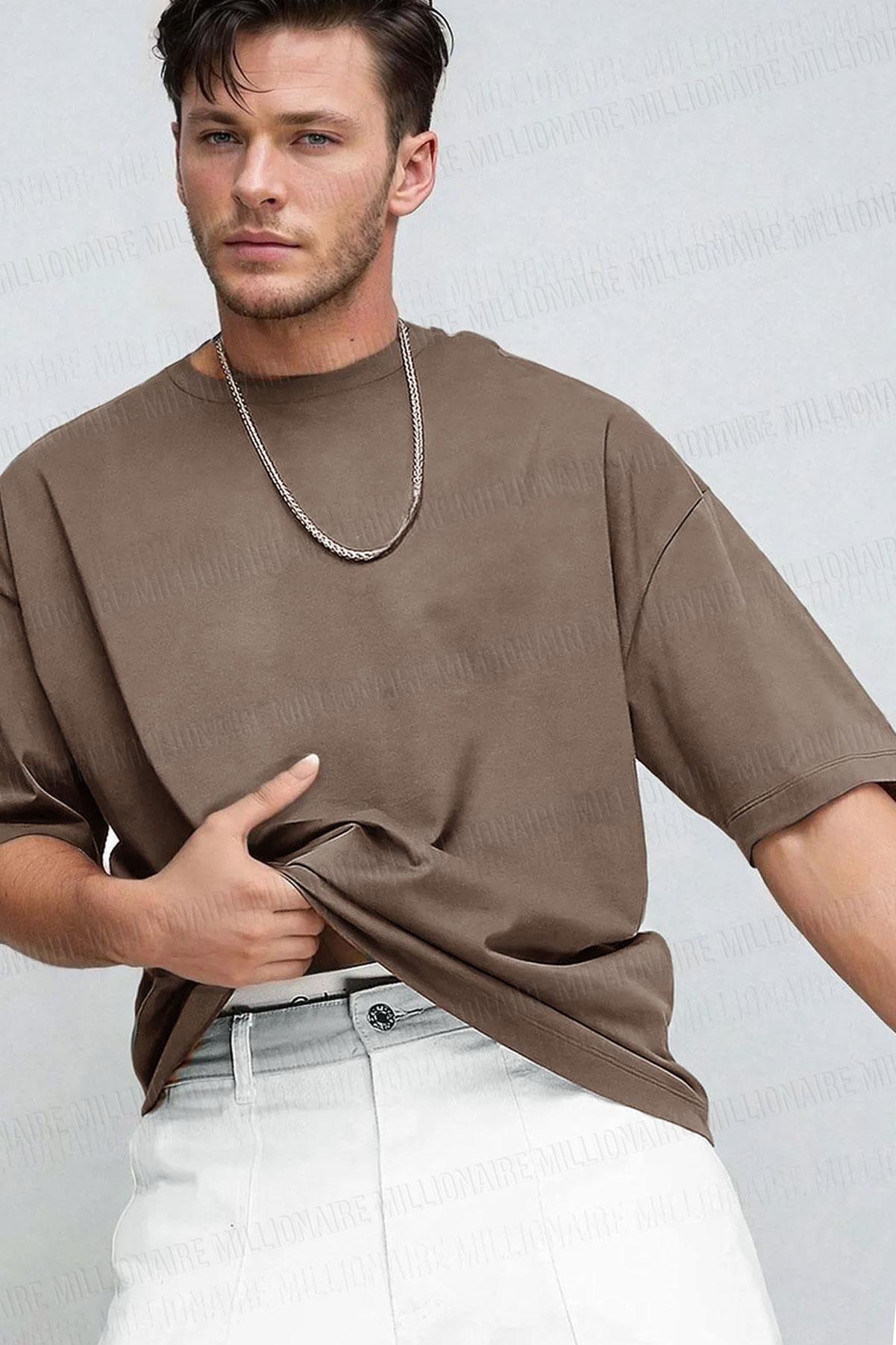 Erkek Mocha Kahverengi Basic Düz Baskısız Oversize Salas T-Shirt
