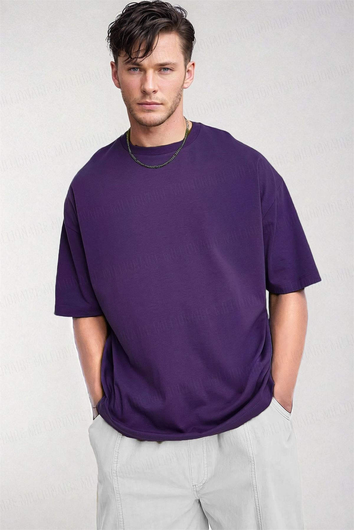 Erkek Mor Basic Düz Baskısız Oversize Salas Boyfriend T-Shirt