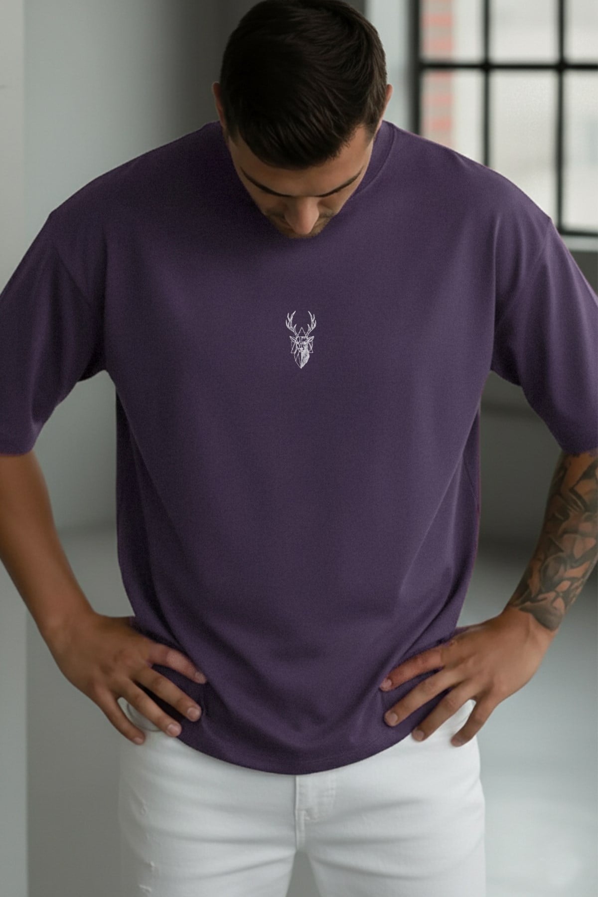 Erkek Mor Geyik Baskılı Oversize Fit Bol Geniş Kalıp Salaş Kesim T-shirt