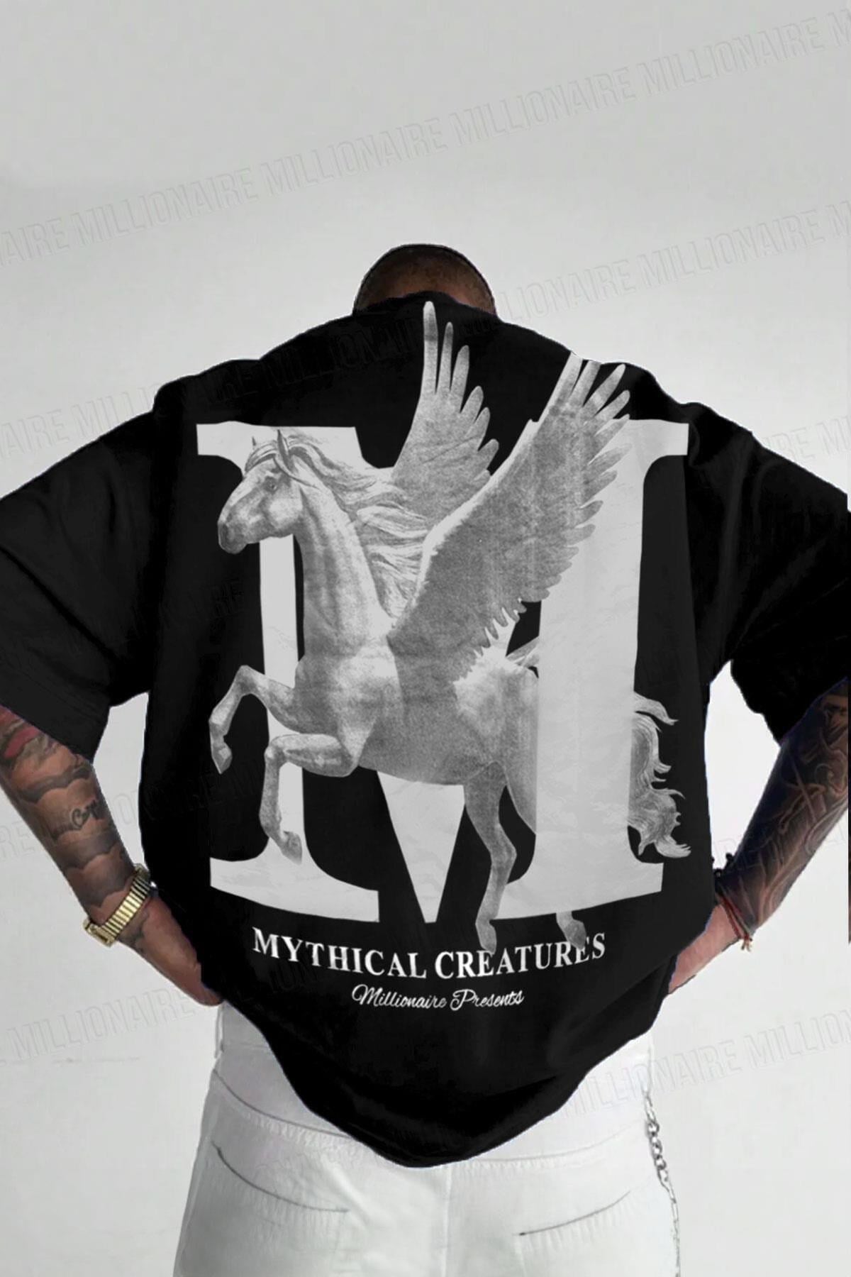 Erkek Mythical Pegasus Baskılı Siyah Bisiklet Yaka Oversize Salaş T-Shirt