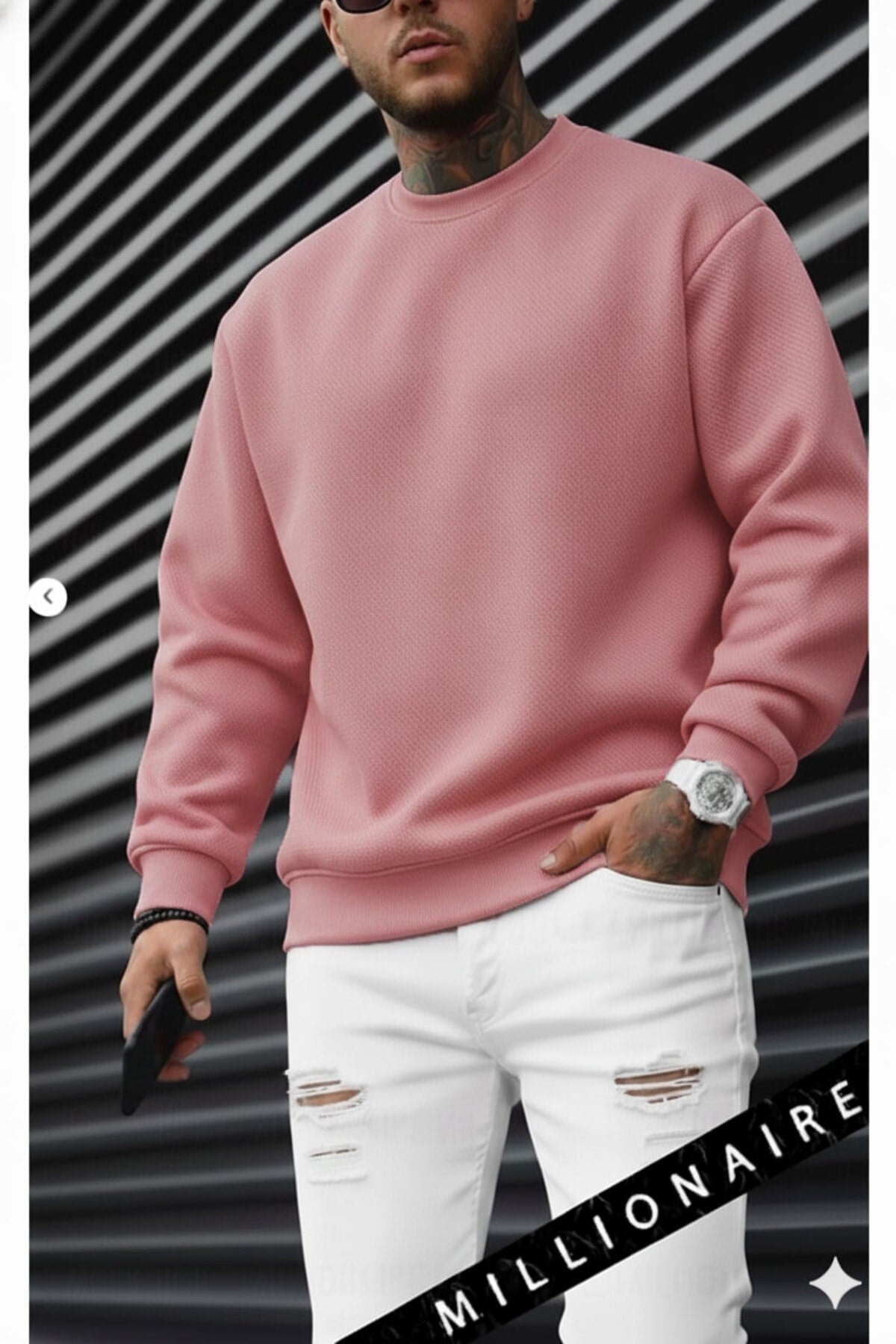 Erkek Pembe Basic 0 Sıfır Yaka Baskısız Düz Oversize Salaş Bol Kesim Polar Sweatshirt
