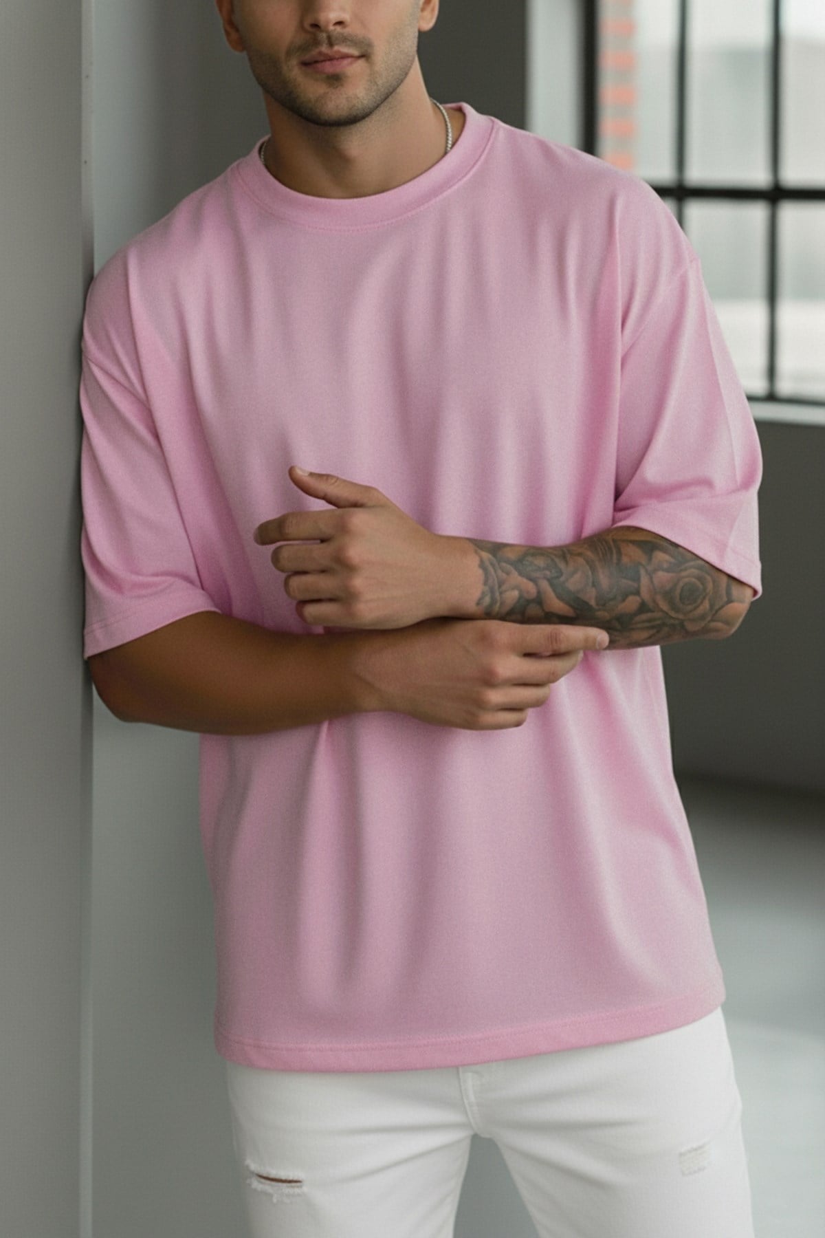 Erkek Pembe Basic Düz Baskısız Oversize Salas Boyfriend T-Shirt