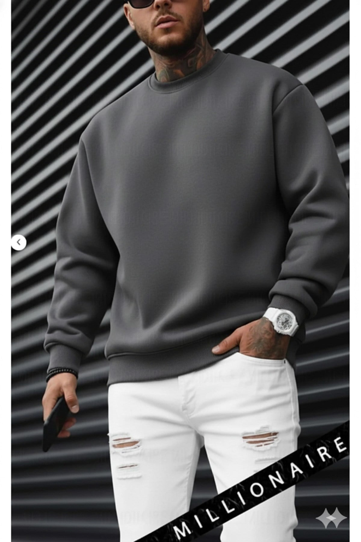 Erkek Petrol Füme Basic 0 Sıfır Yaka Baskısız Düz Oversize Salaş Bol Kesim Polar Sweatshirt