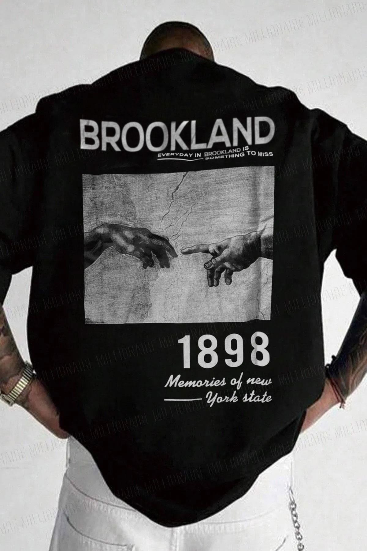 Erkek Siyah 1898 Brookland Baskılı Oversize Salas T-Shirt