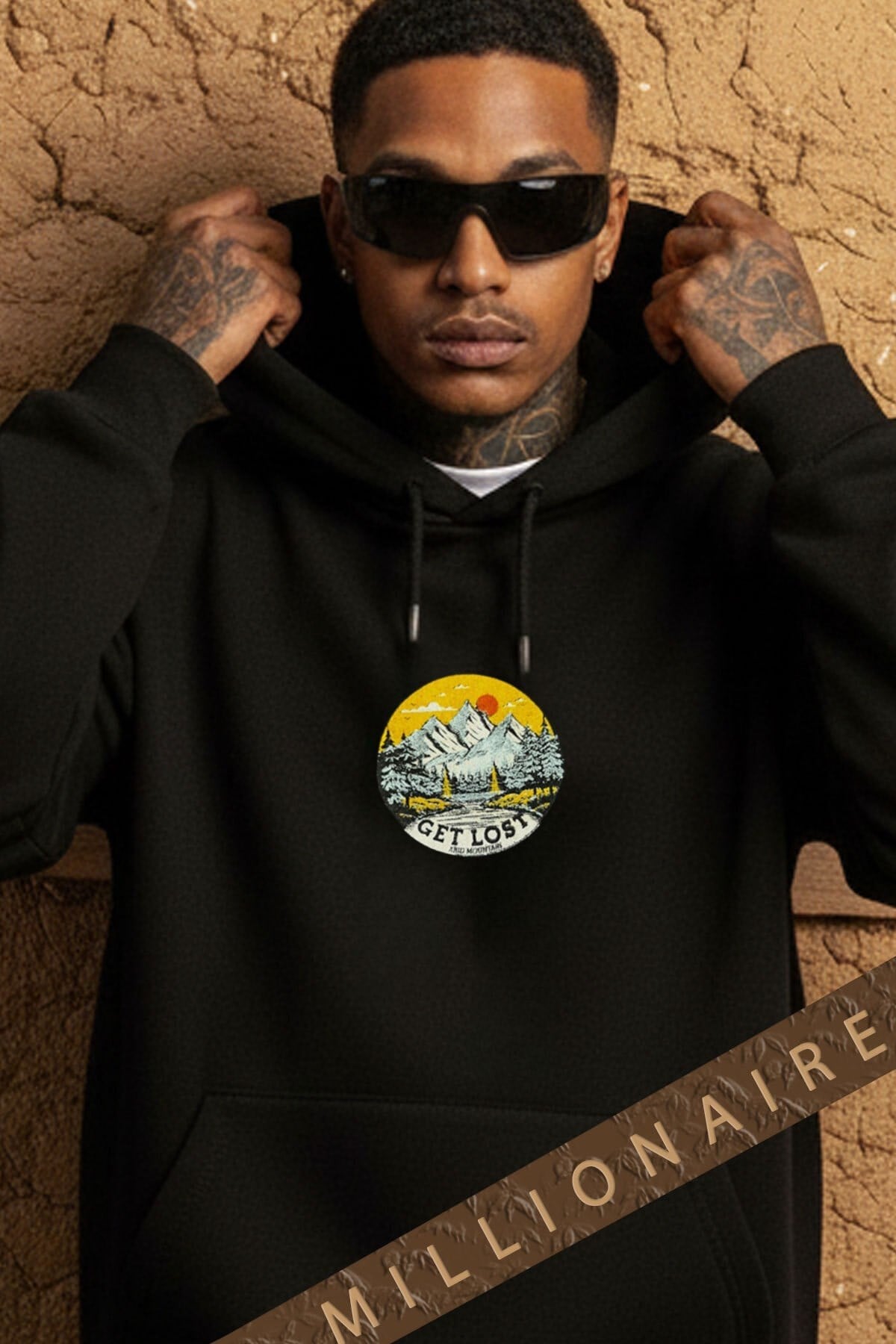 Erkek Siyah Adventure 3 iplik Şardonlu Kapüşonlu Kanguru Cepli Oversize Salaş Hoodie Sweatshirt