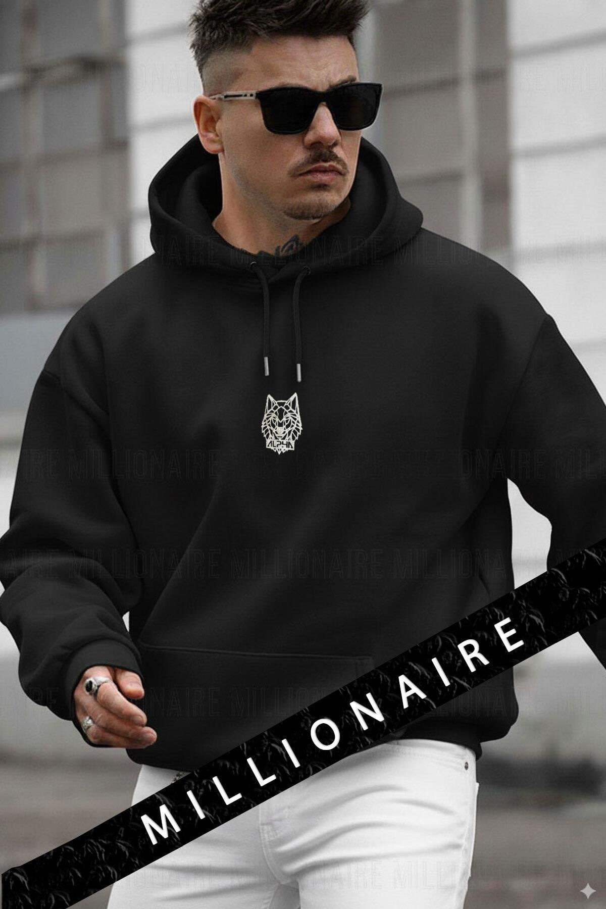 Erkek Siyah Alpha Wolf Kapüşonlu Oversize 3 iplik Şardonlu Salaş Bol Kesim Hoodie Sweatshirt