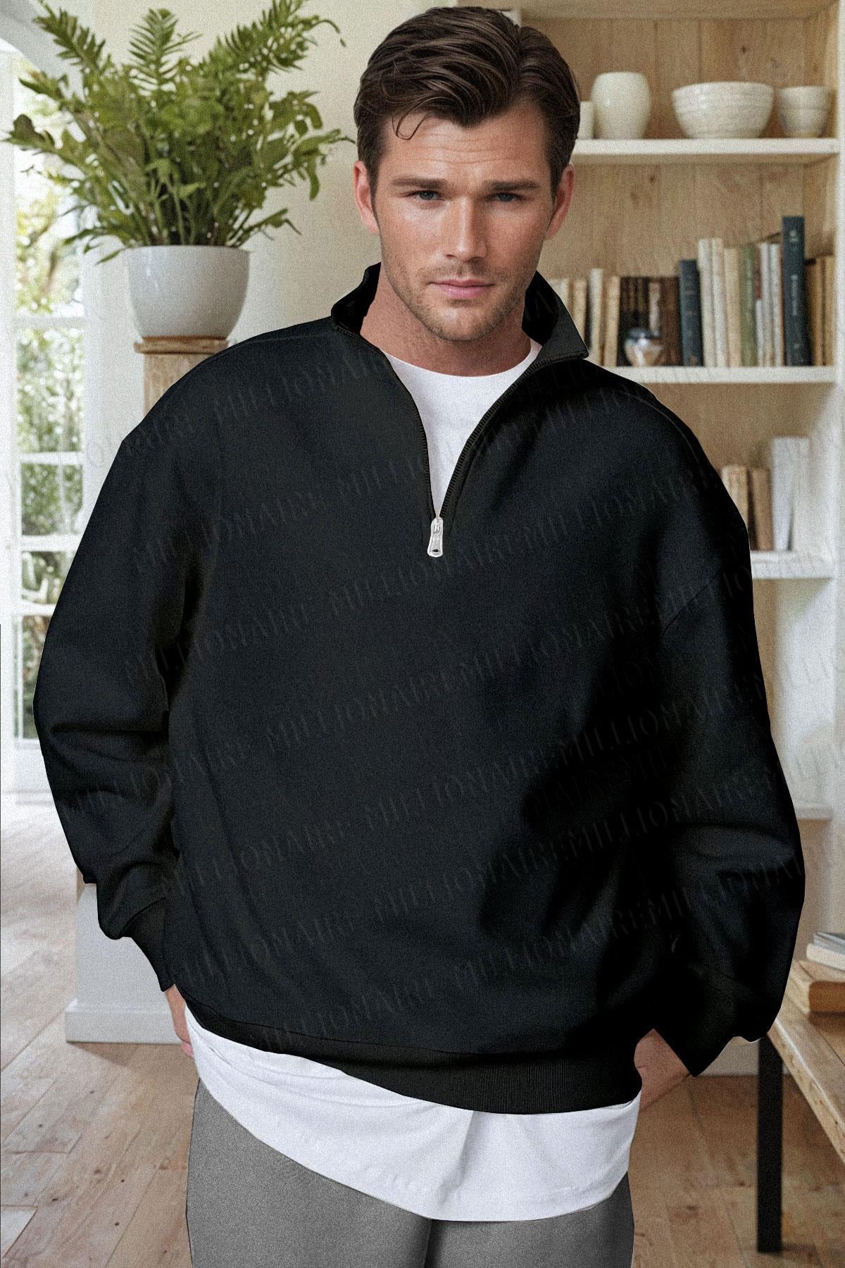 Erkek Siyah Balıkçı Yaka 3 Iplik Içi Polarlı Şardonlu Oversize Sweatshirt