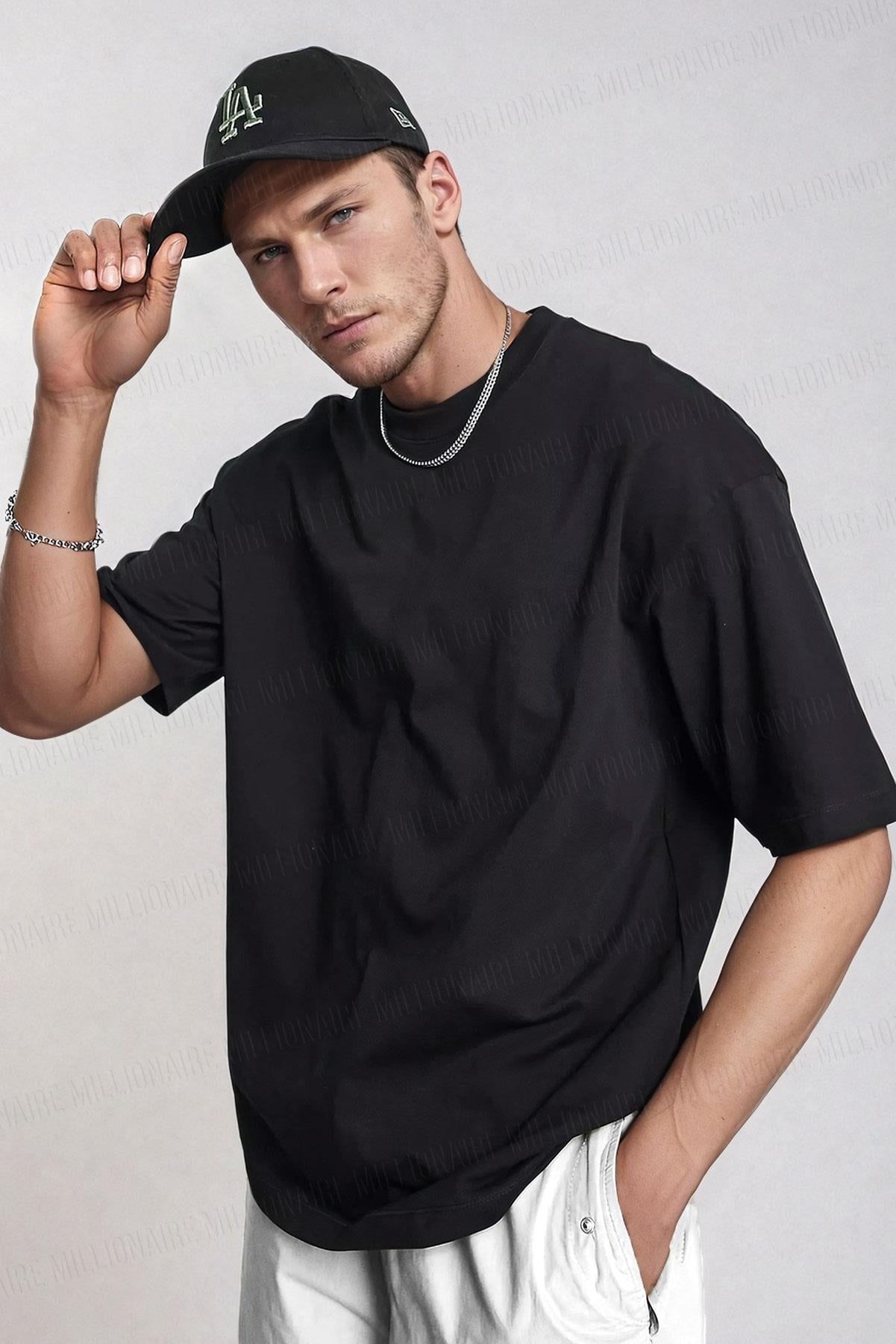 Erkek Siyah Basic Düz Baskısız Oversize Salas Boyfriend T-Shirt