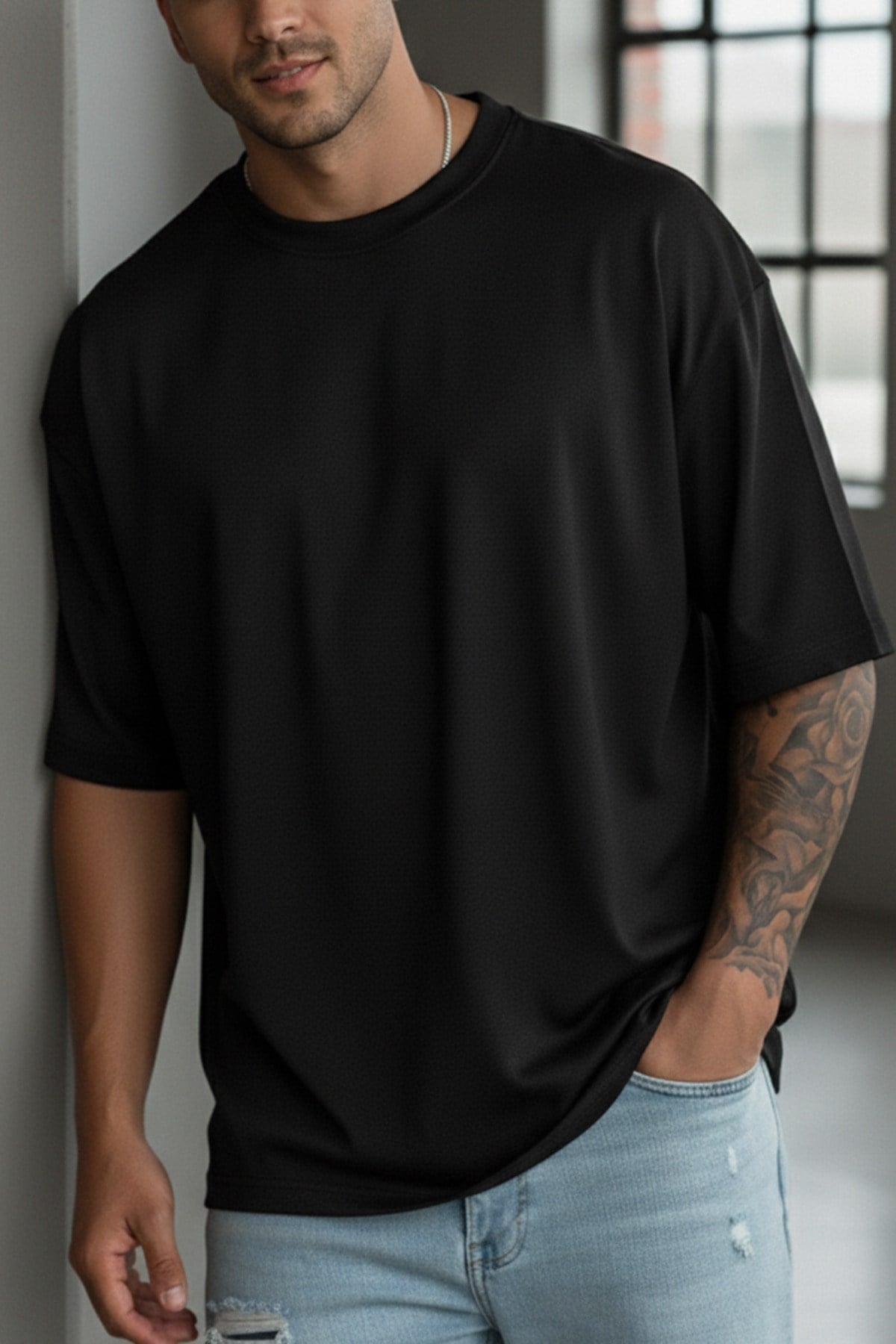 Erkek Siyah Basic Düz Baskısız Oversize Salas Boyfriend T-Shirt