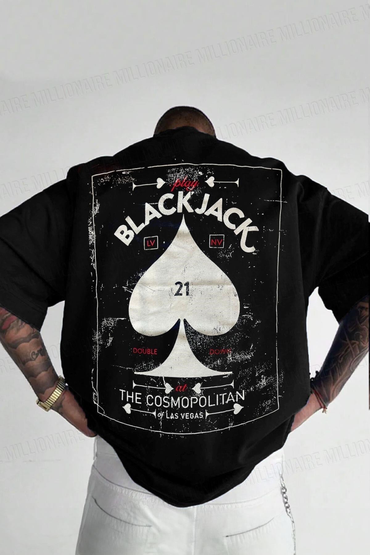 Erkek Siyah Black Jack Oversize Fit Bol Geniş Kalıp Salaş Kesim T-shirt
